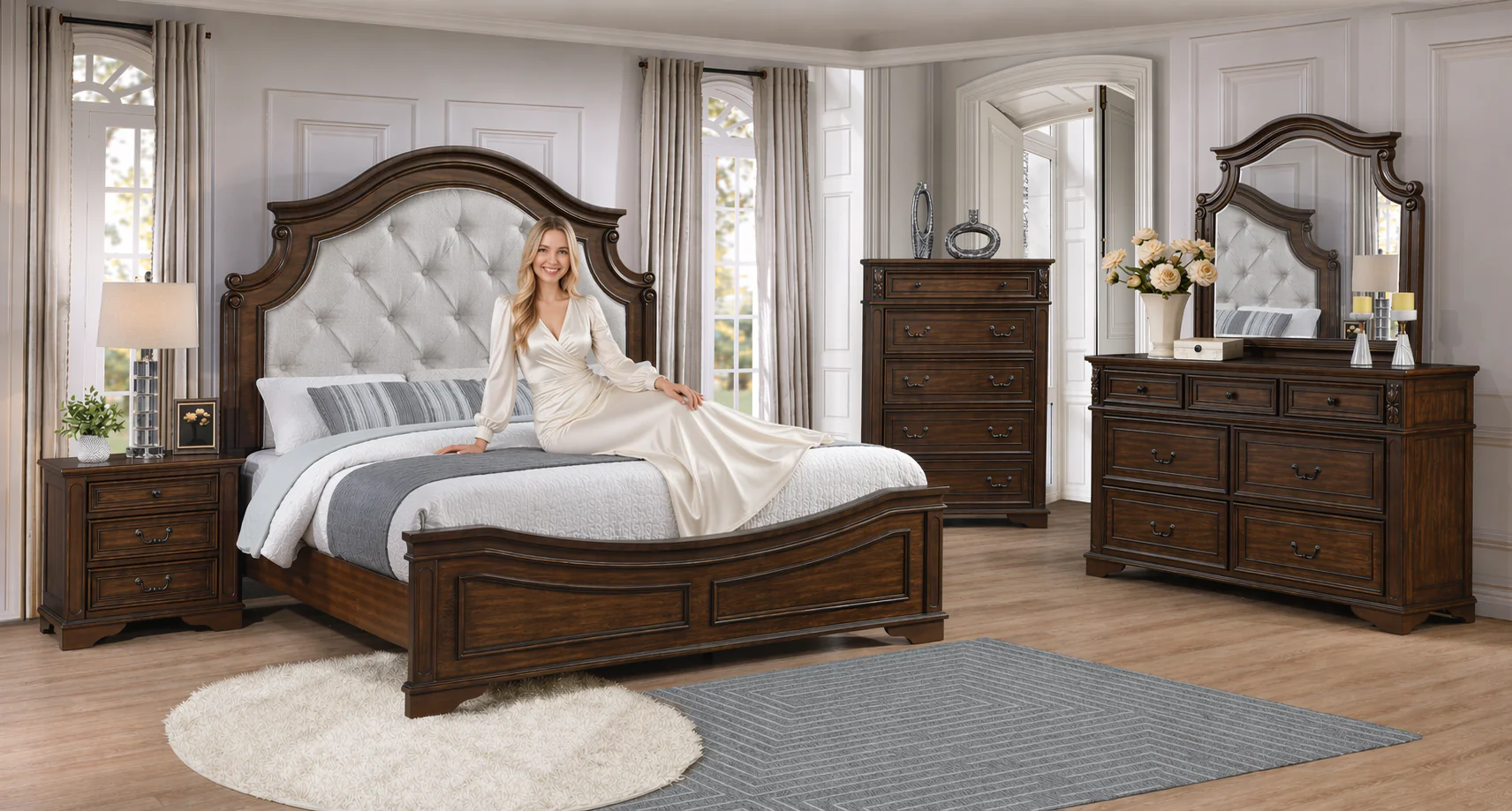 Traditional 6-Piece Bedroom Set with Tufted Upholstered Panel Bed, Dresser, Mirror & Nightstand (Dark Brown)