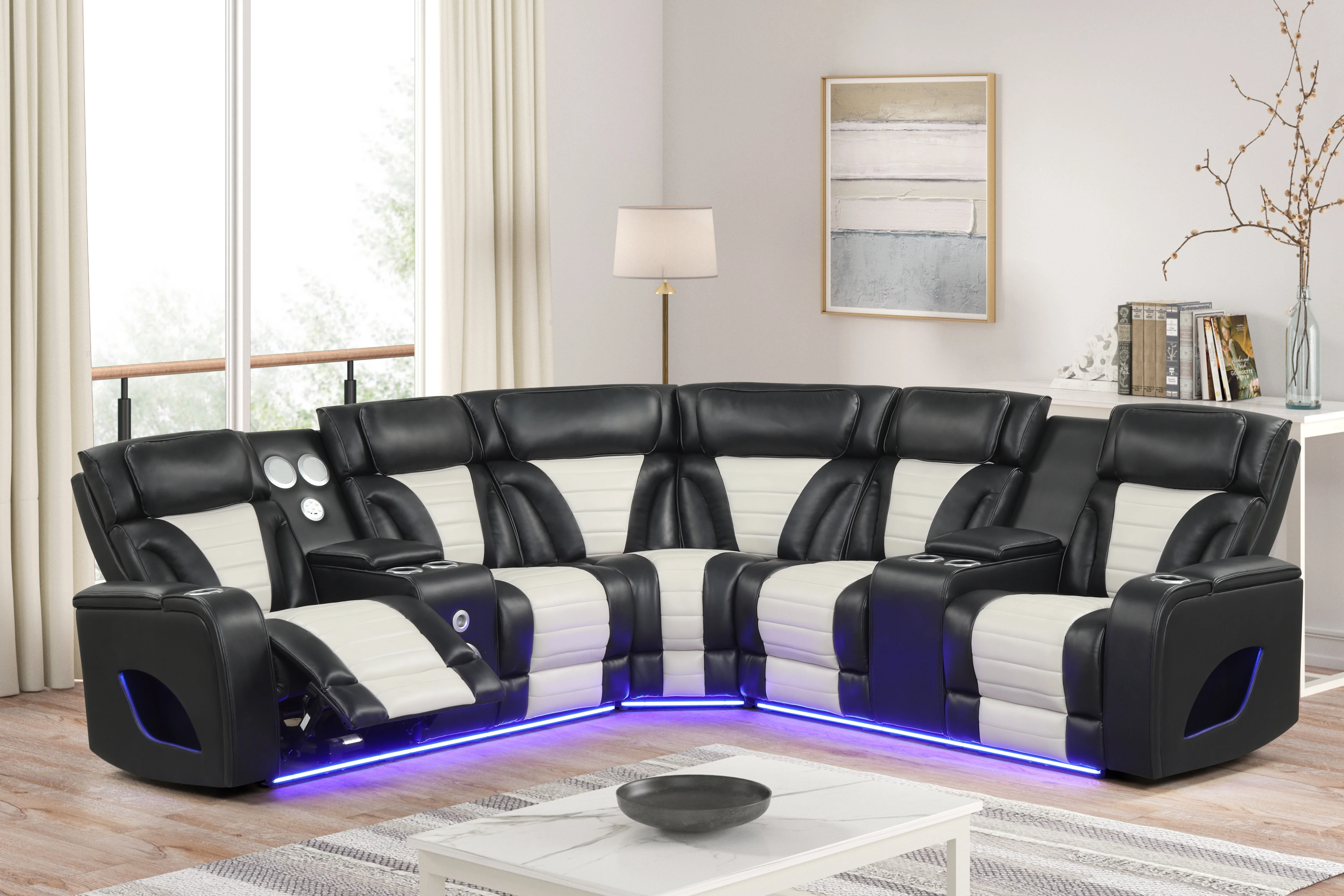 3690-two-tone-curved-power-reclining-sectional-with-led-lights-cup-holders-usb-built-in-speakers-1.webp Two-Tone Curved Power Reclining Sectional with LED Lights, Cup Holders, USB & Built-In Speakers