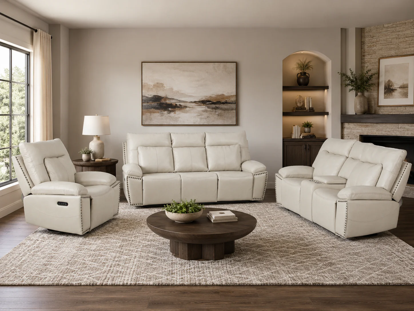 3-Piece Top Grain Leather Power Reclining Living Room Set with Console, Drop-Down Table, Cup Holders & USB (Cream)