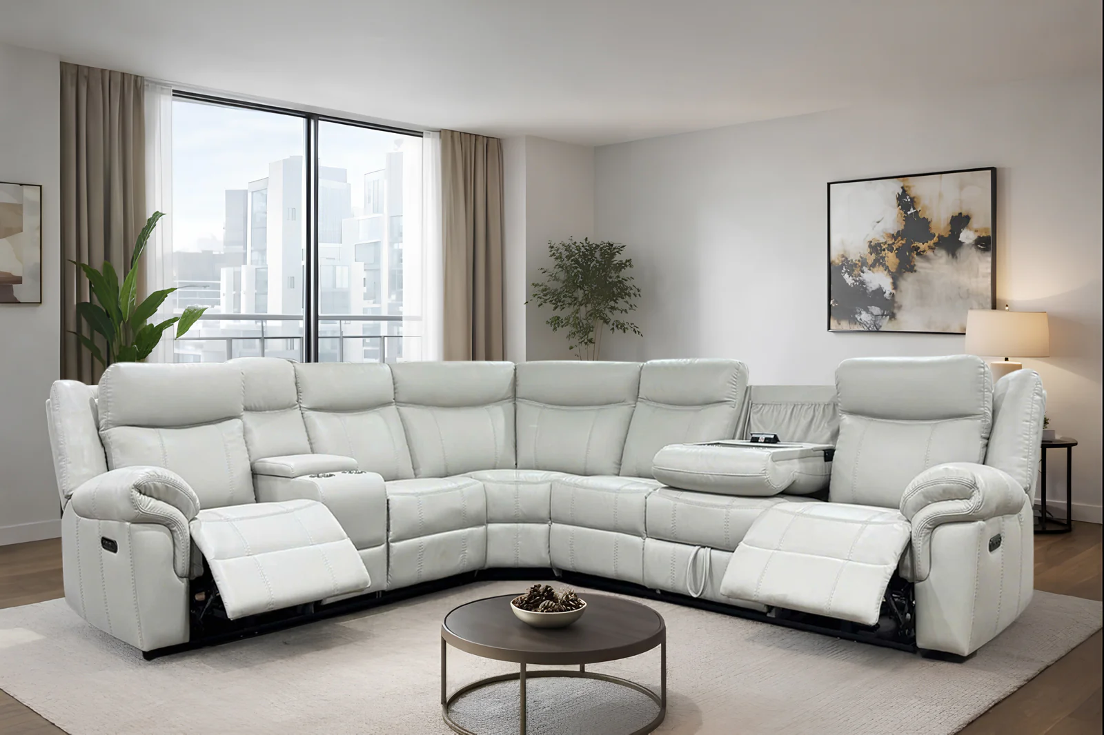 3 Piece Power Reclining Sectional with Power Headrests, Wireless Charging & Pull-Out Storage Drawer - Bone Air Leather