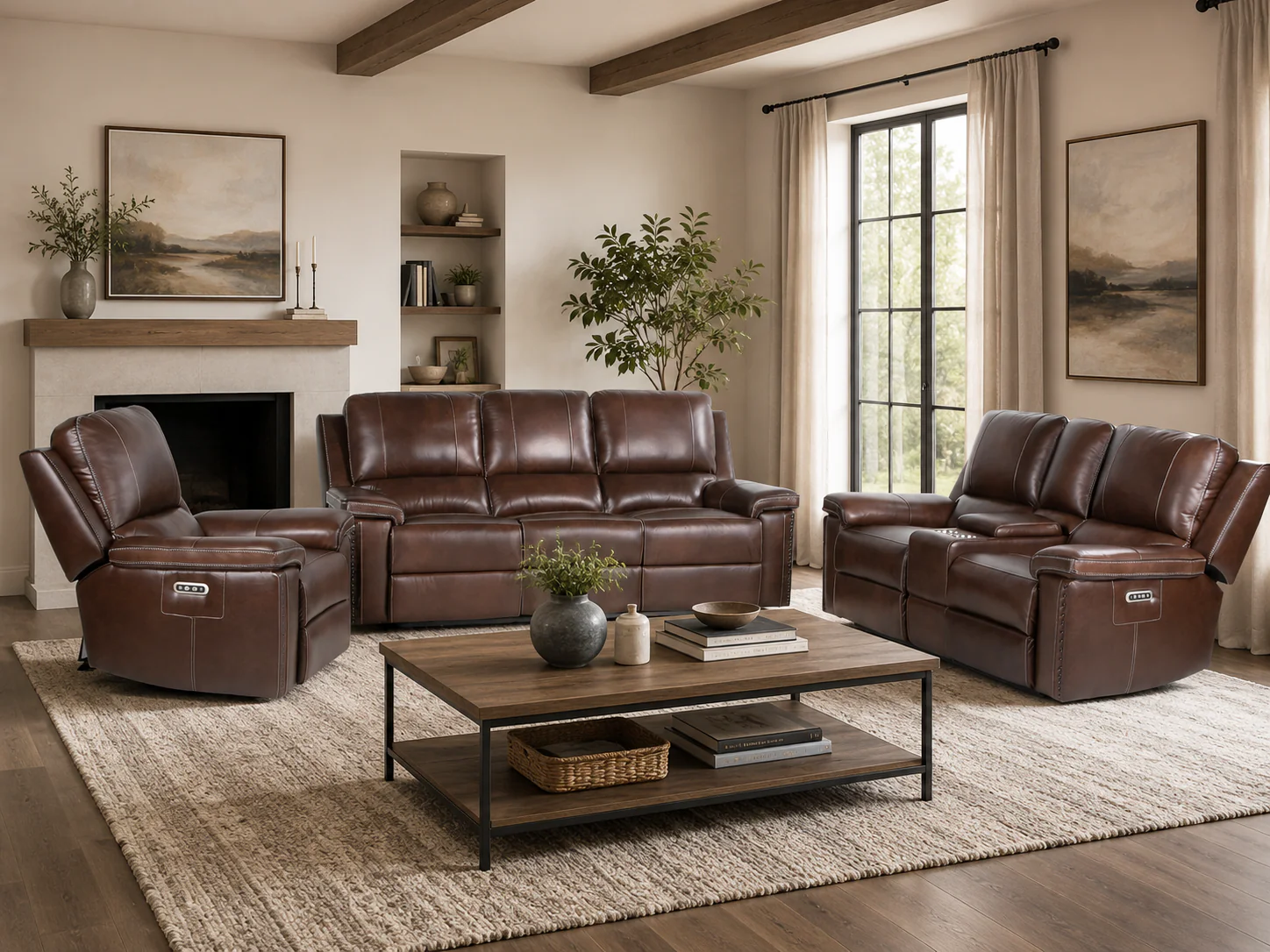 Chestnut Top Grain Leather Contemporary 3-Piece Dual Power Reclining Living Room Set with Console