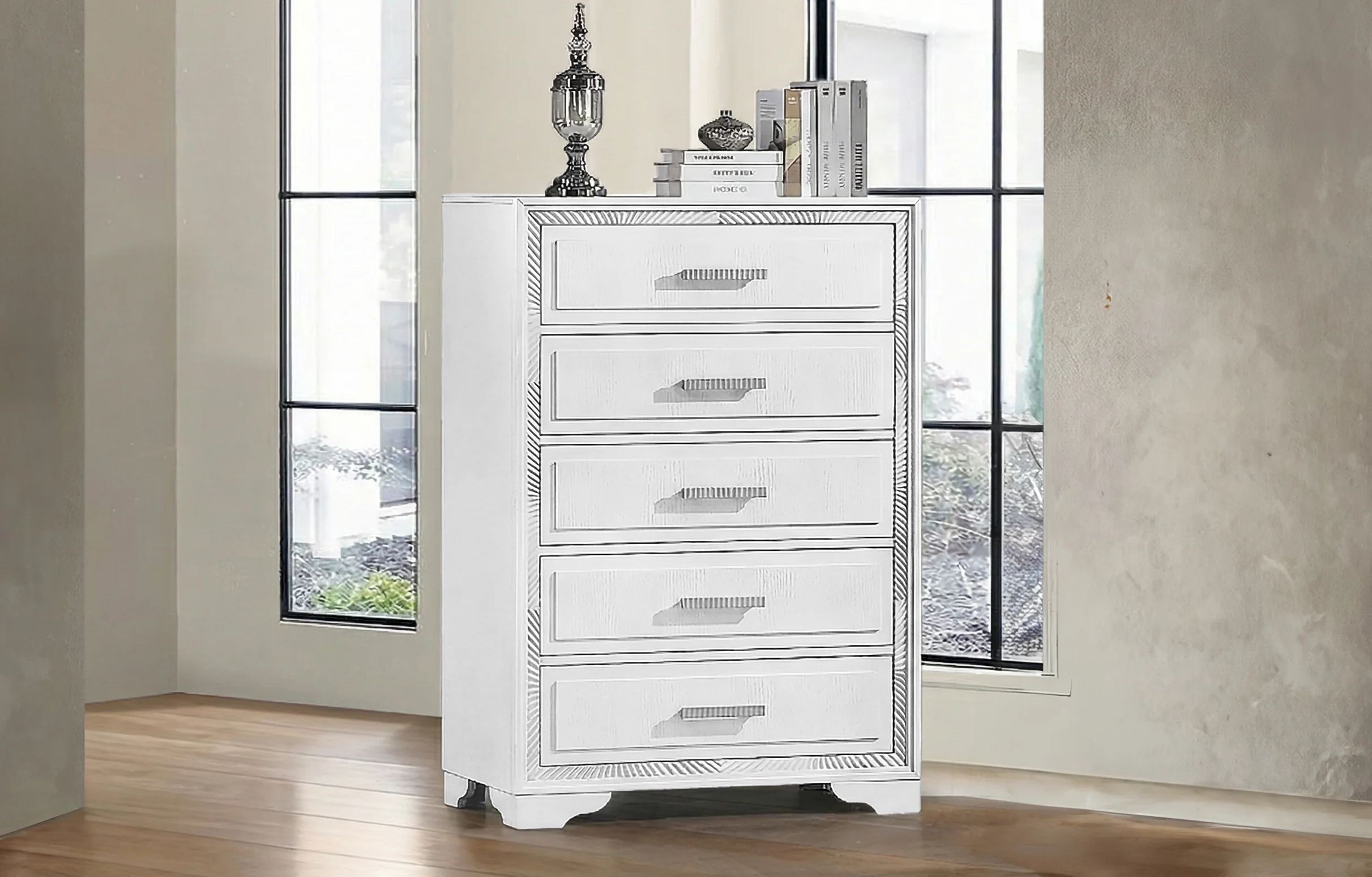 3705-white-contemporary-glam-5-drawer-chest-w-textured-drawer-fronts-1.webp White Contemporary Glam 5-Drawer Chest w/ Textured Drawer Fronts
