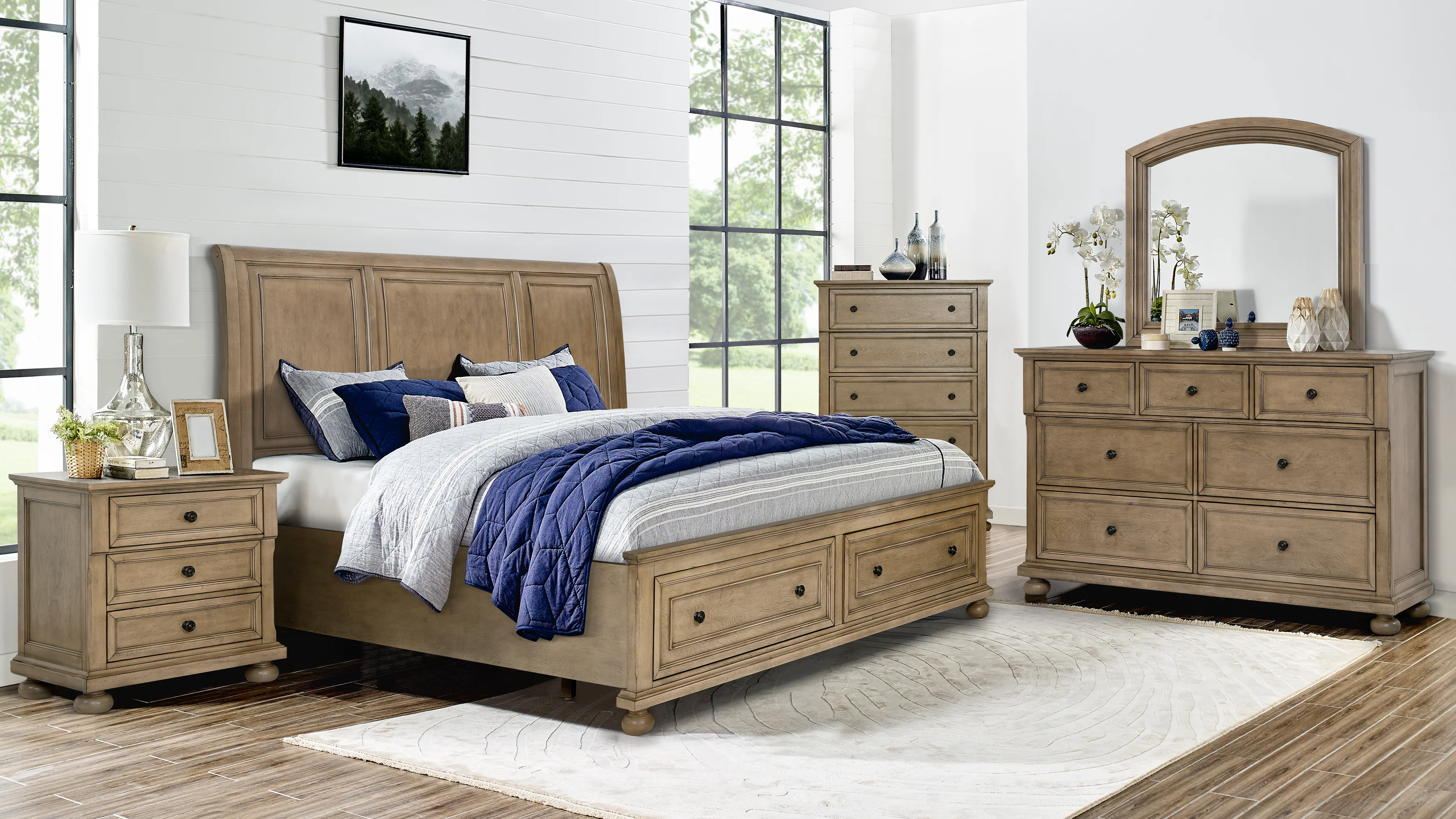 Vintage Oak Transitional Farmhouse Storage Panel Bedroom Set (King or Queen) w/ Storage Footboard