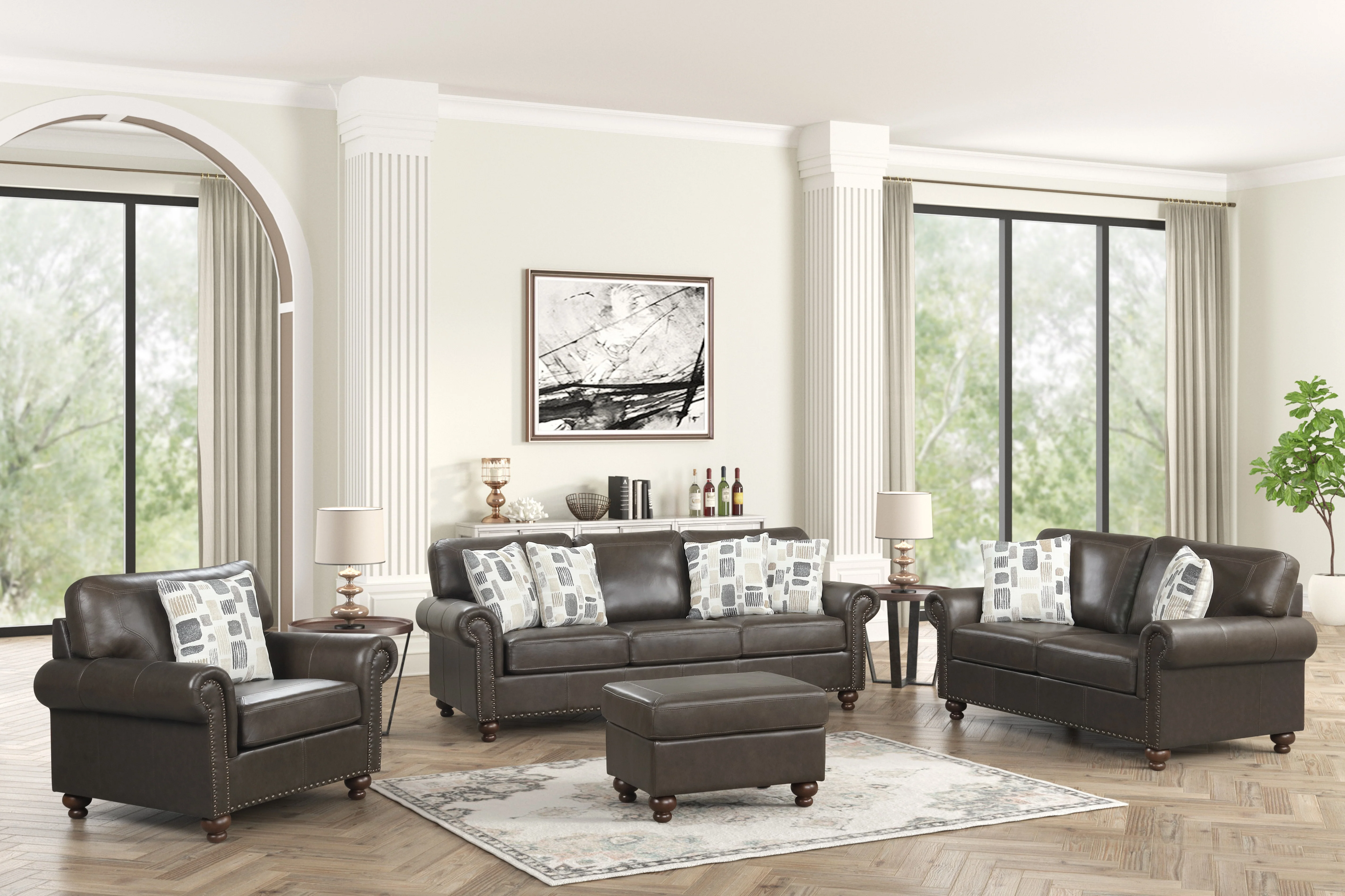 Chocolate Top-Grain Leather 4-Piece Living Room Set with Sofa, Loveseat, Chair & Ottoman