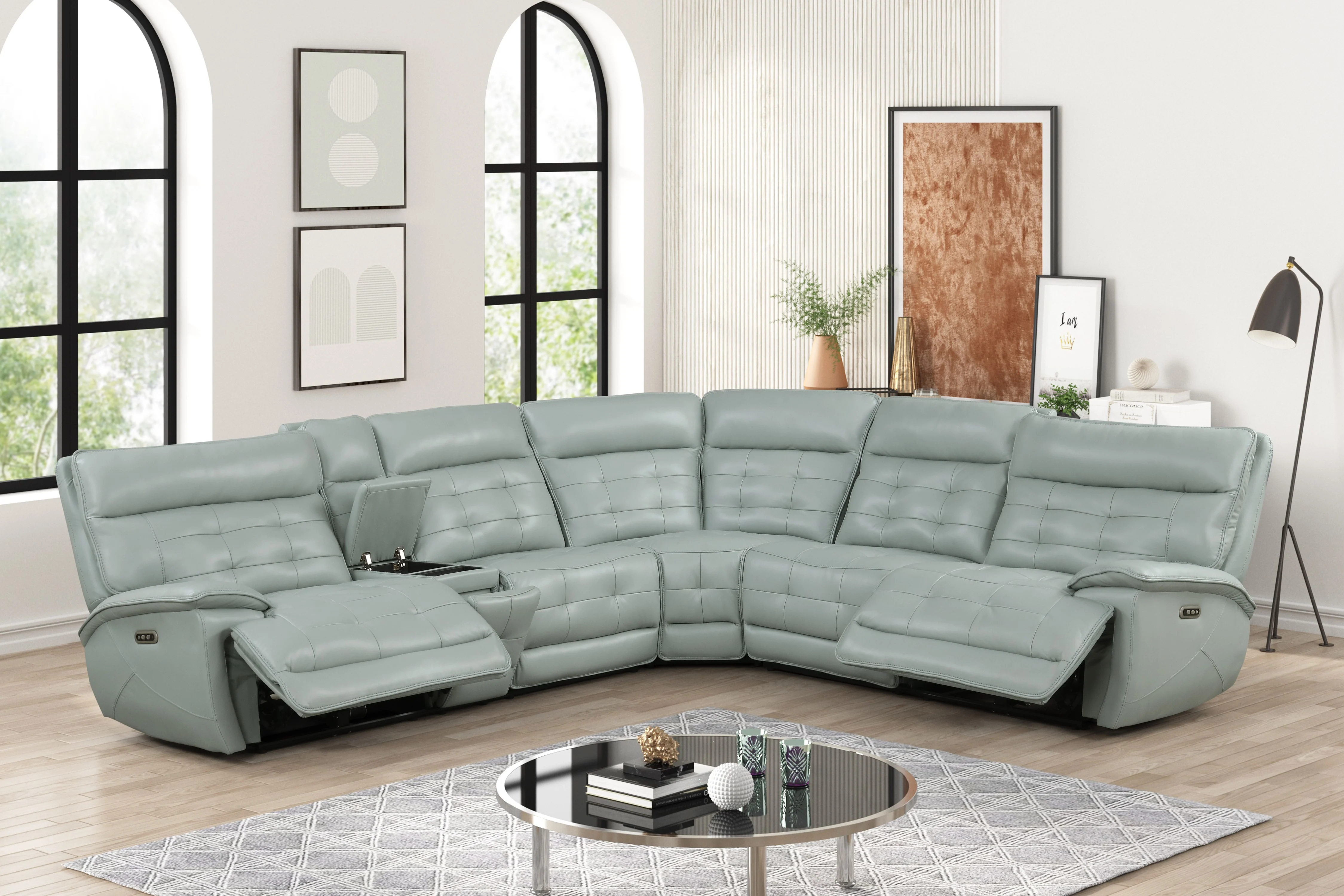 Ice Blue Leather Power Reclining Sectional with Power Headrests, Storage Console & USB Charging