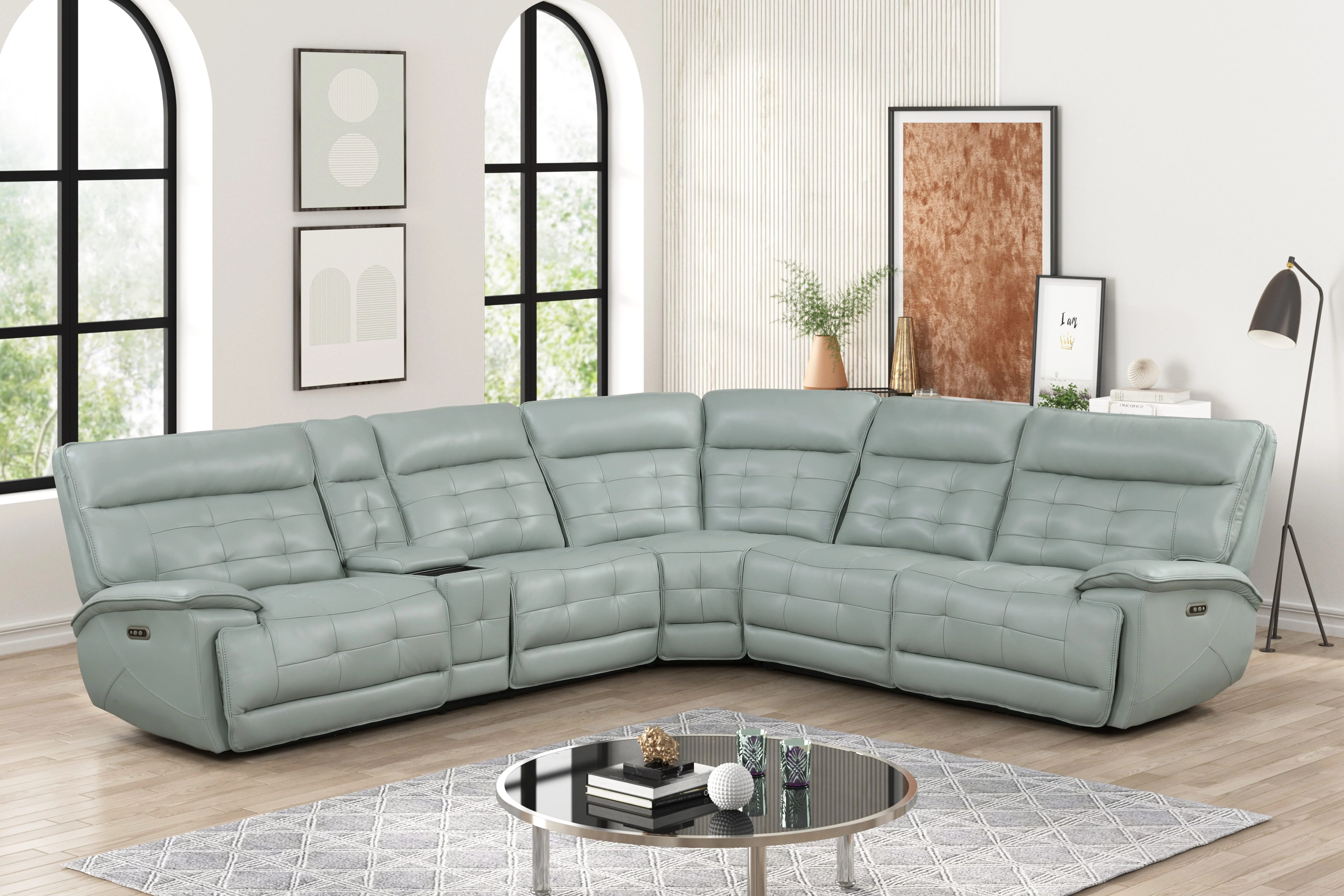 Ice Blue Leather Power Reclining Sectional with Power Headrests, Storage Console & USB Charging