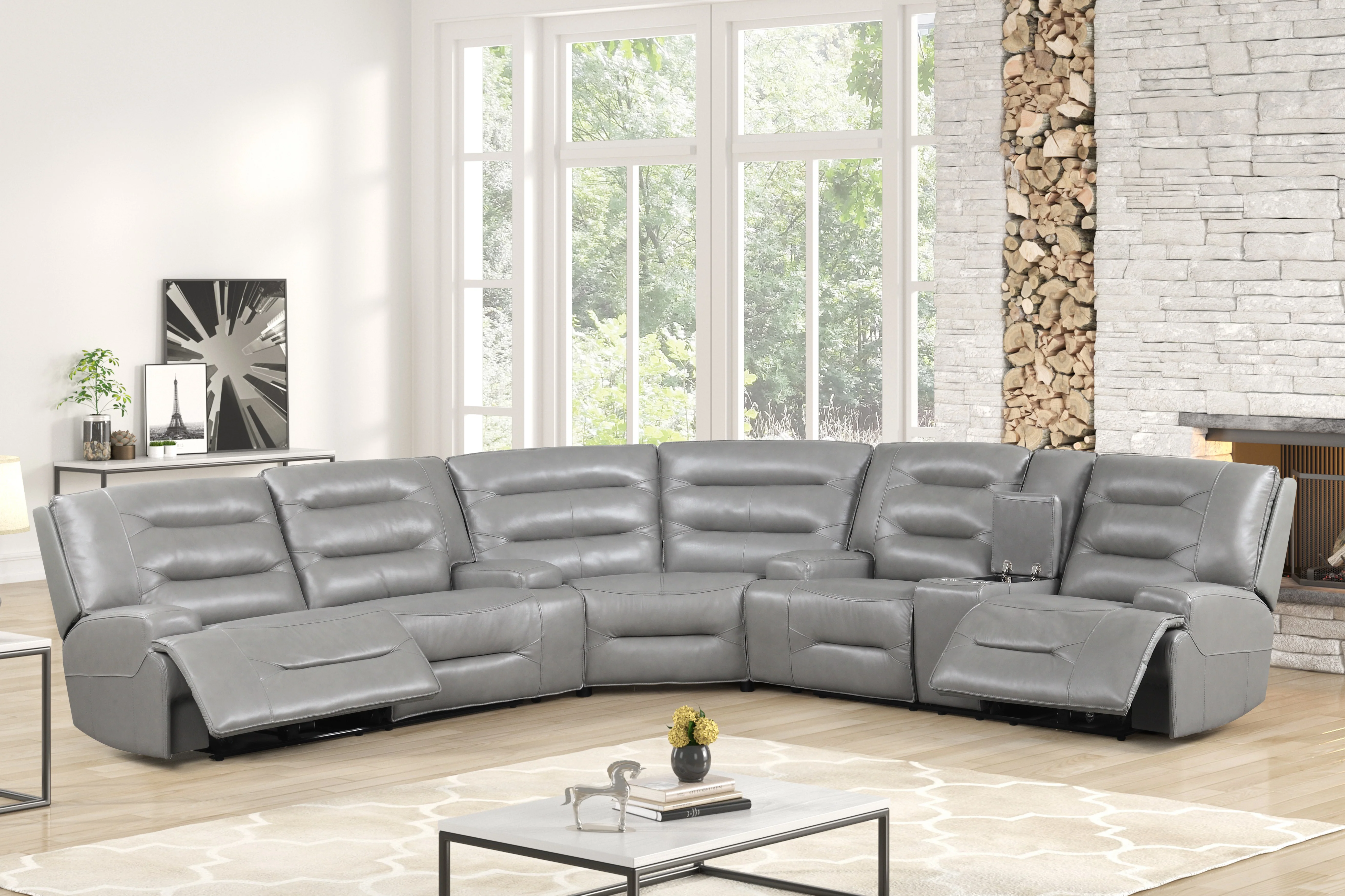 Modern Gray Top Grain Leather Power Reclining Sectional with Console & Cup Holders