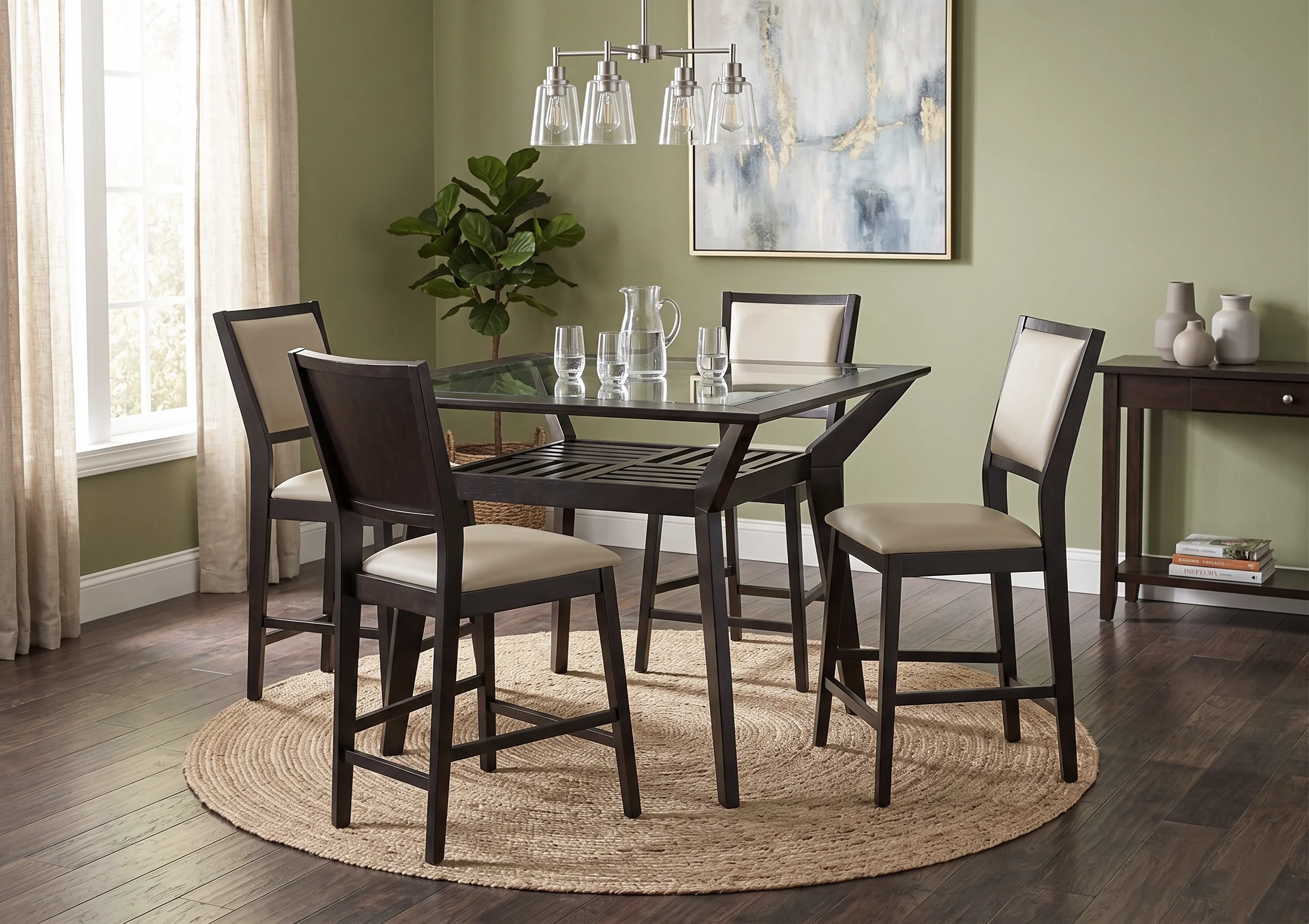 3729-modern-5-piece-counter-height-dining-set-with-tempered-glass-top-pub-table-and-4-cream-pu-upholstered-chairs-1.webp Modern 5-Piece Counter Height Dining Set with Tempered Glass Top Pub Table and 4 Cream PU Upholstered Chairs