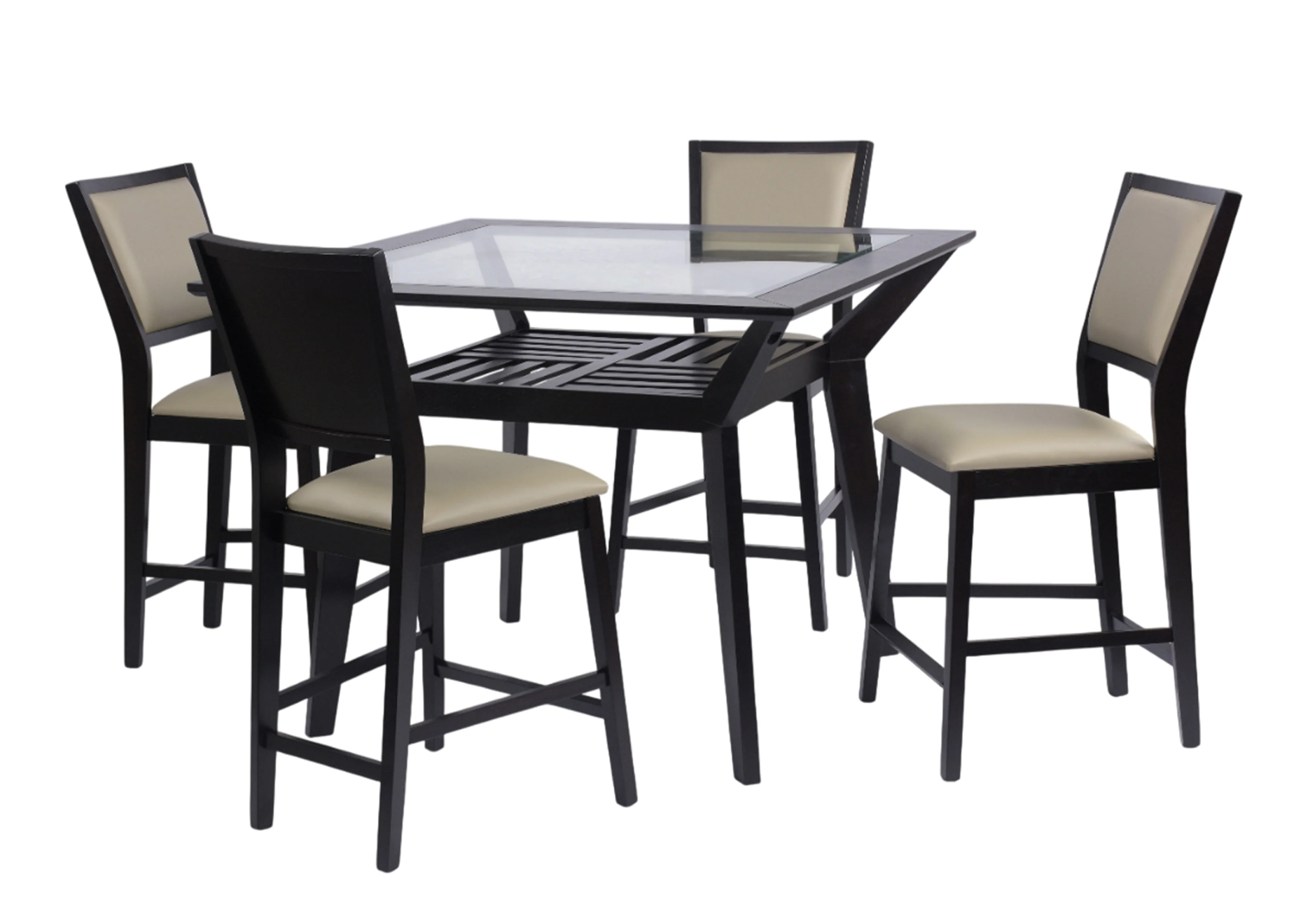 3729-modern-5-piece-counter-height-dining-set-with-tempered-glass-top-pub-table-and-4-cream-pu-upholstered-chairs-2.webp Modern 5-Piece Counter Height Dining Set with Tempered Glass Top Pub Table and 4 Cream PU Upholstered Chairs
