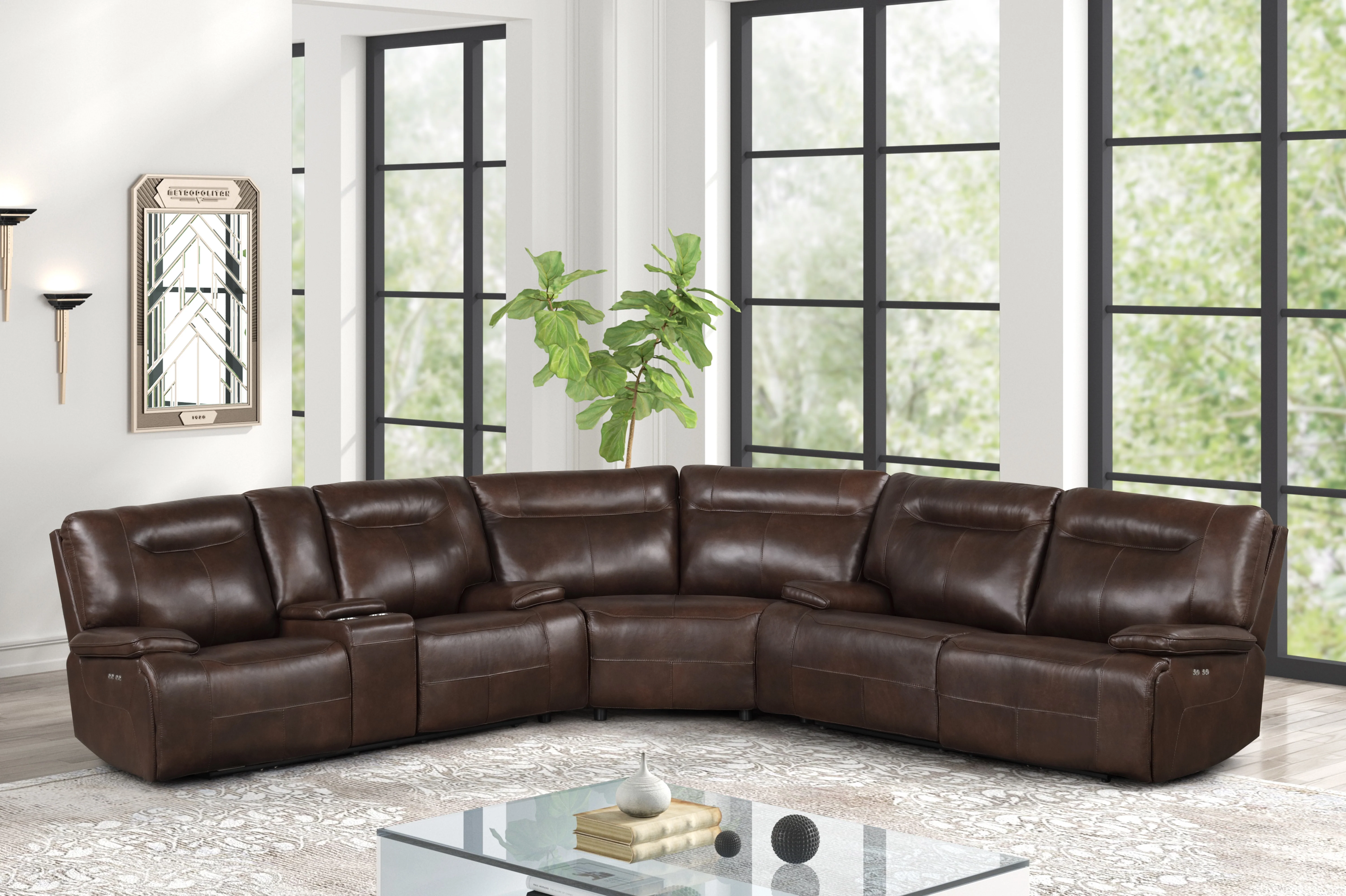 Brown Top Grain Leather Power Reclining Sectional with Power Headrests, Console & Wireless Charging
