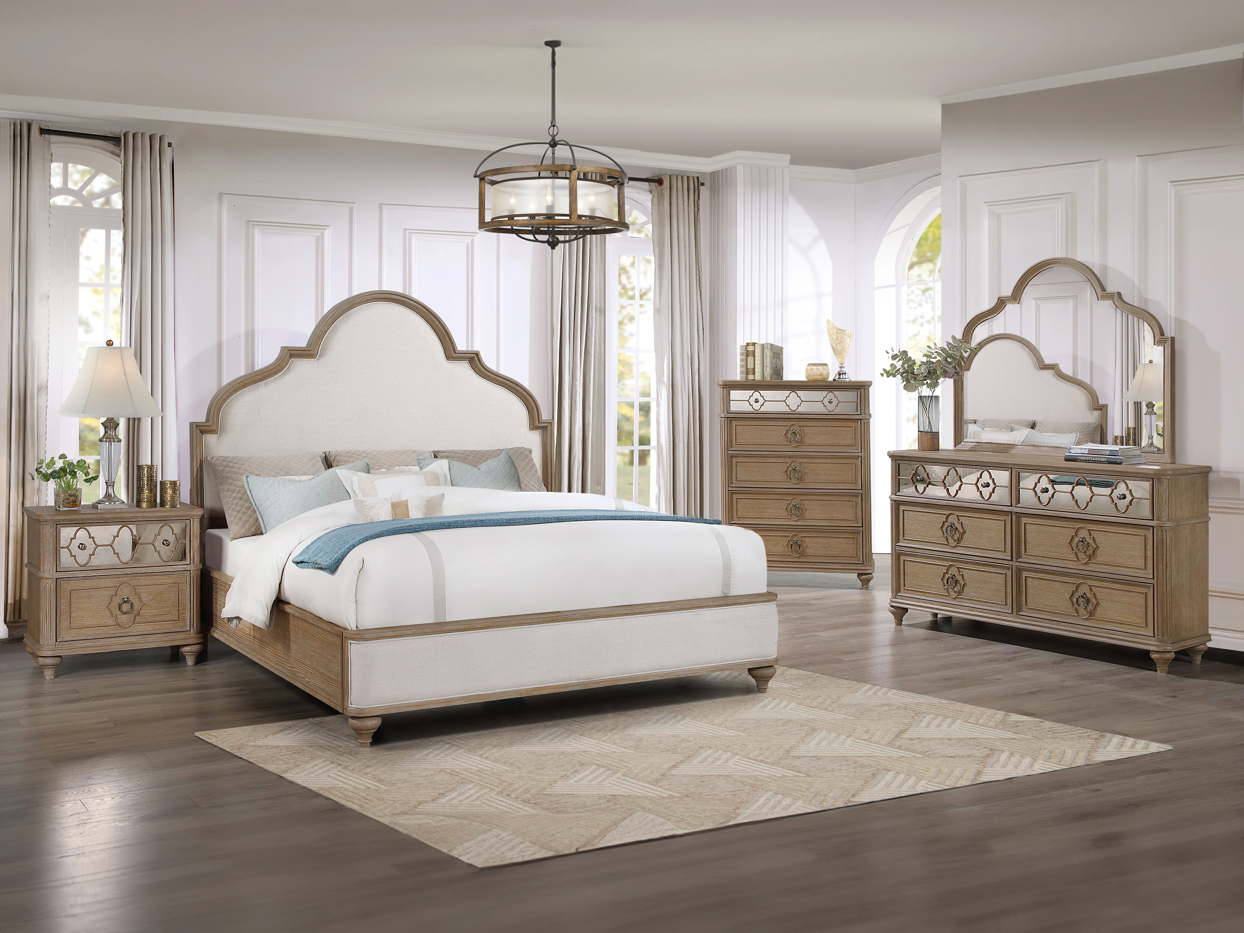 3734-light-oak-beige-transitional-6-piece-bedroom-set-with-scalloped-upholstered-bed-dresser-mirror-nightstand-1.webp Light Oak & Beige Transitional 6-Piece Bedroom Set with Scalloped Upholstered Bed, Dresser, Mirror & Nightstand