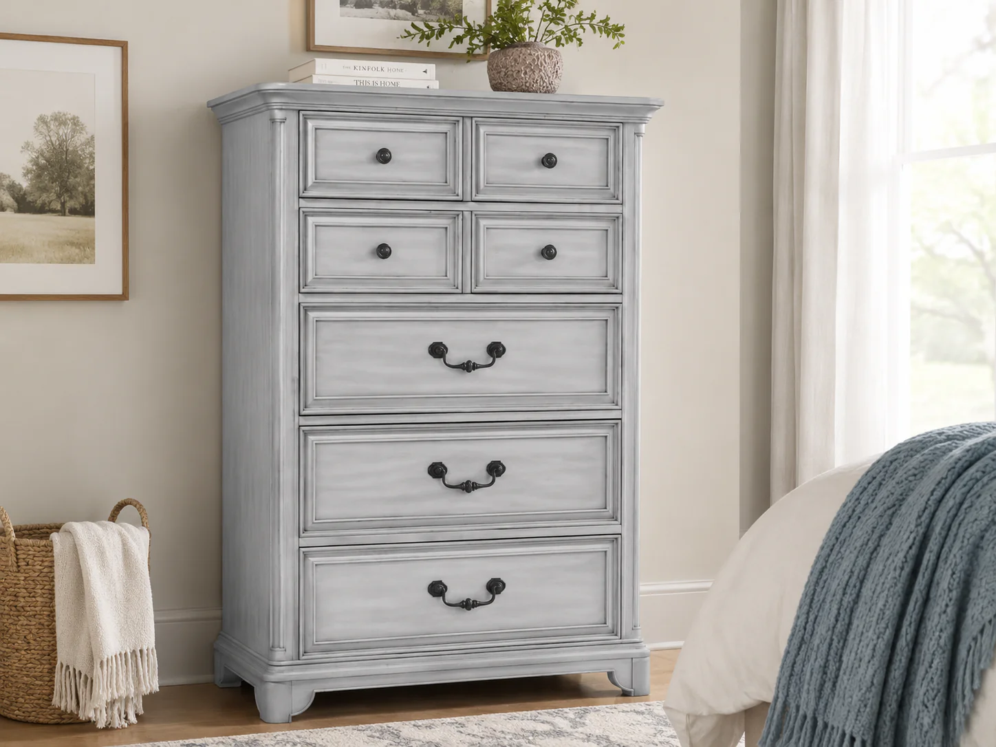 Farmhouse Antique White Chest – Tall 5-Drawer Storage with Felt-Lined Top Drawer & Antique Brass Hardware