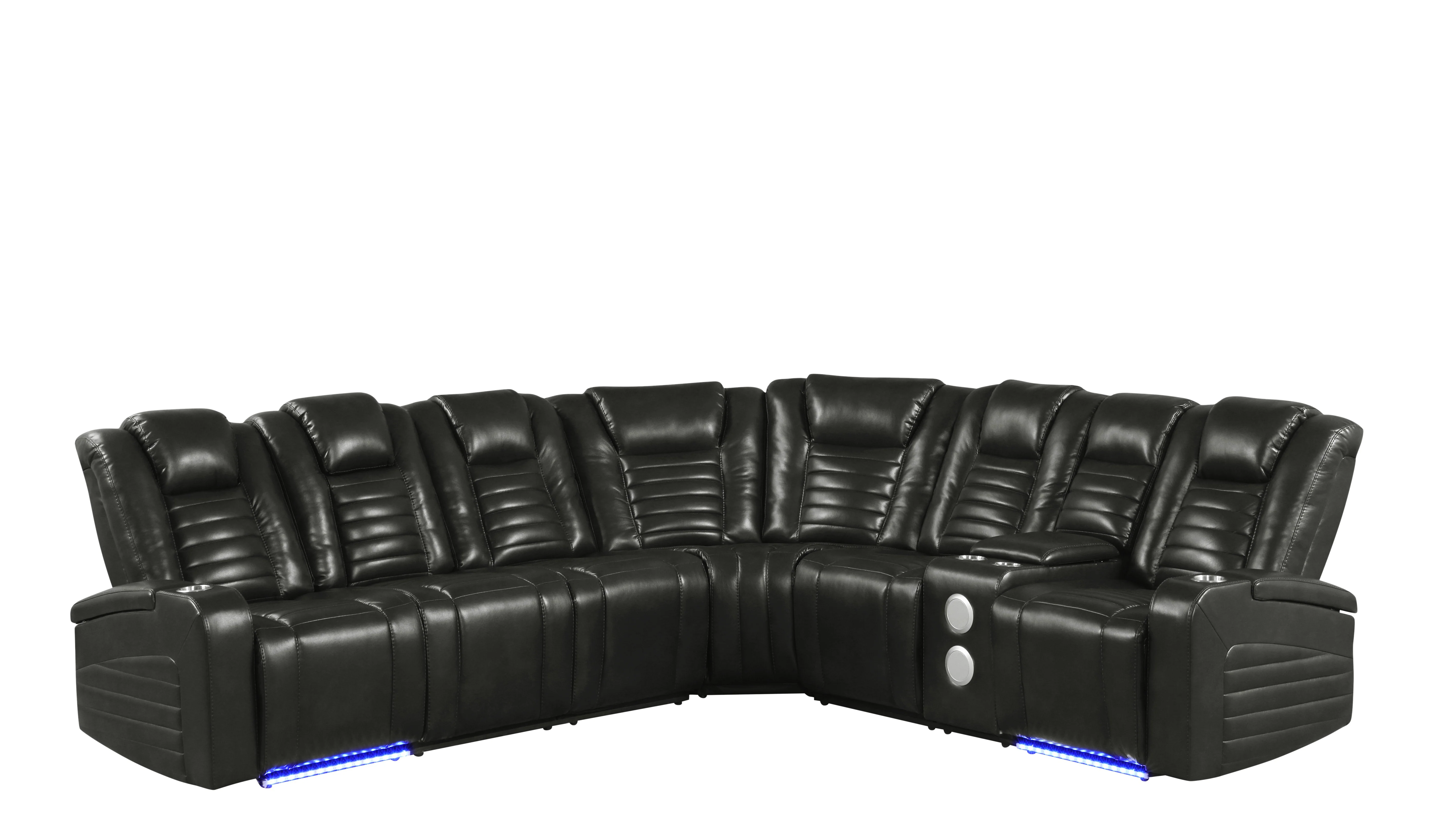 Modern Black Air Leather Power Reclining Sectional w/ Power Headrests, LED, Reading Light & Wireless/USB Charging