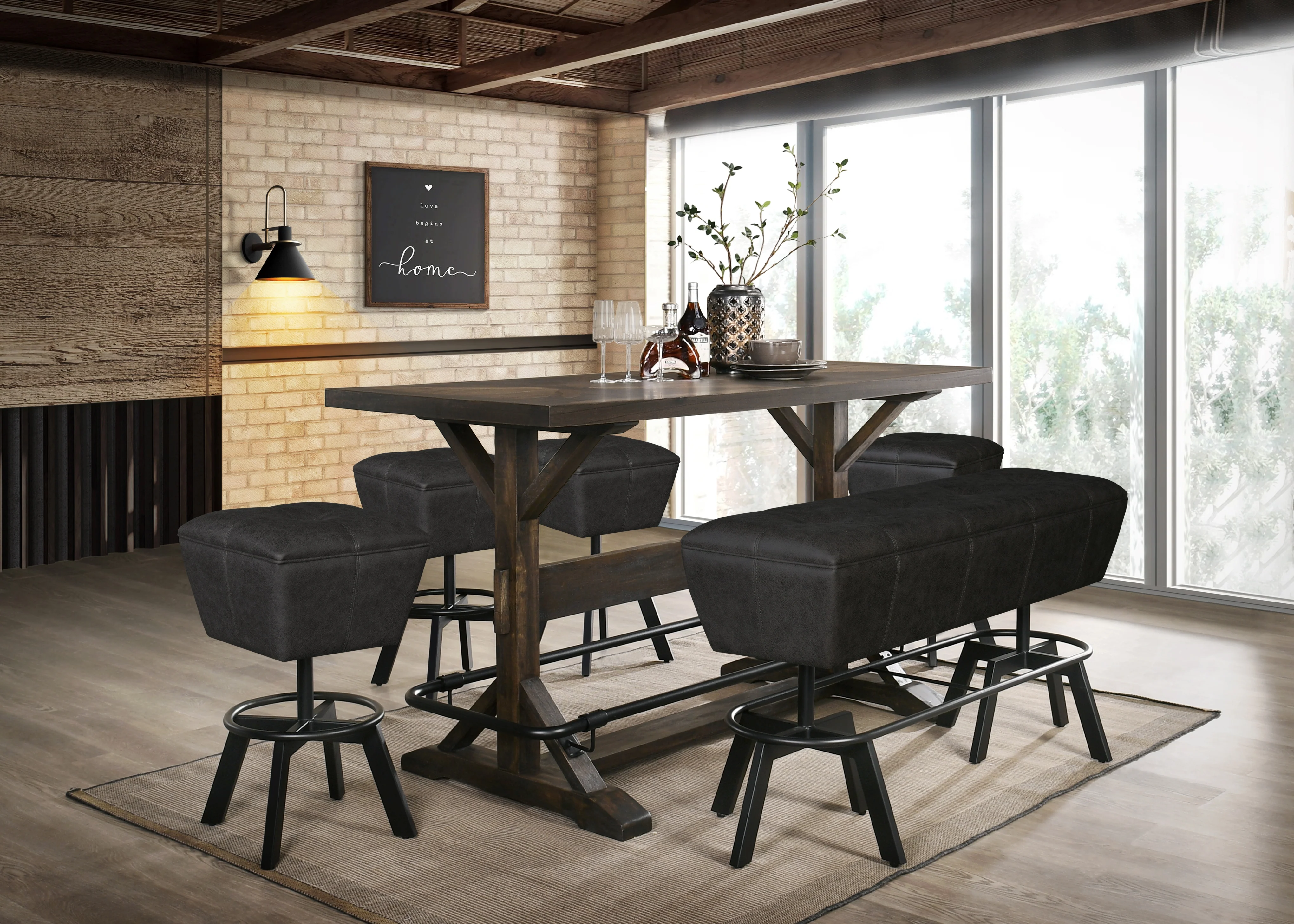 Industrial Farmhouse 6-Piece Counter Height Dining Set with Rustic Wood Trestle Table, 4 Swivel Stools, and Upholstered Bench in Charcoal