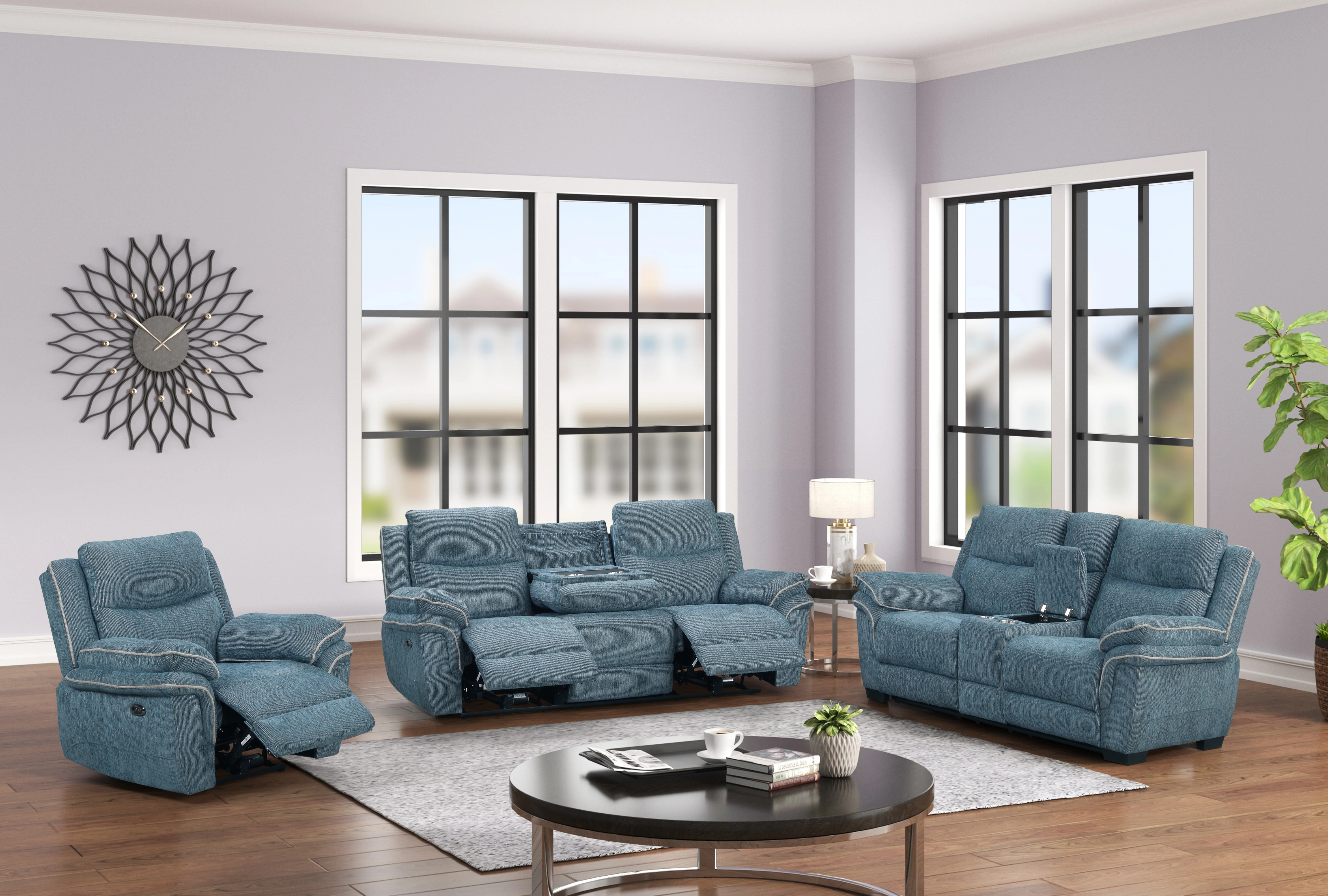 Blue Fabric 3-Piece Living Room Set with Power Reclining Sofa, Stationary Loveseat & Power Recliner
