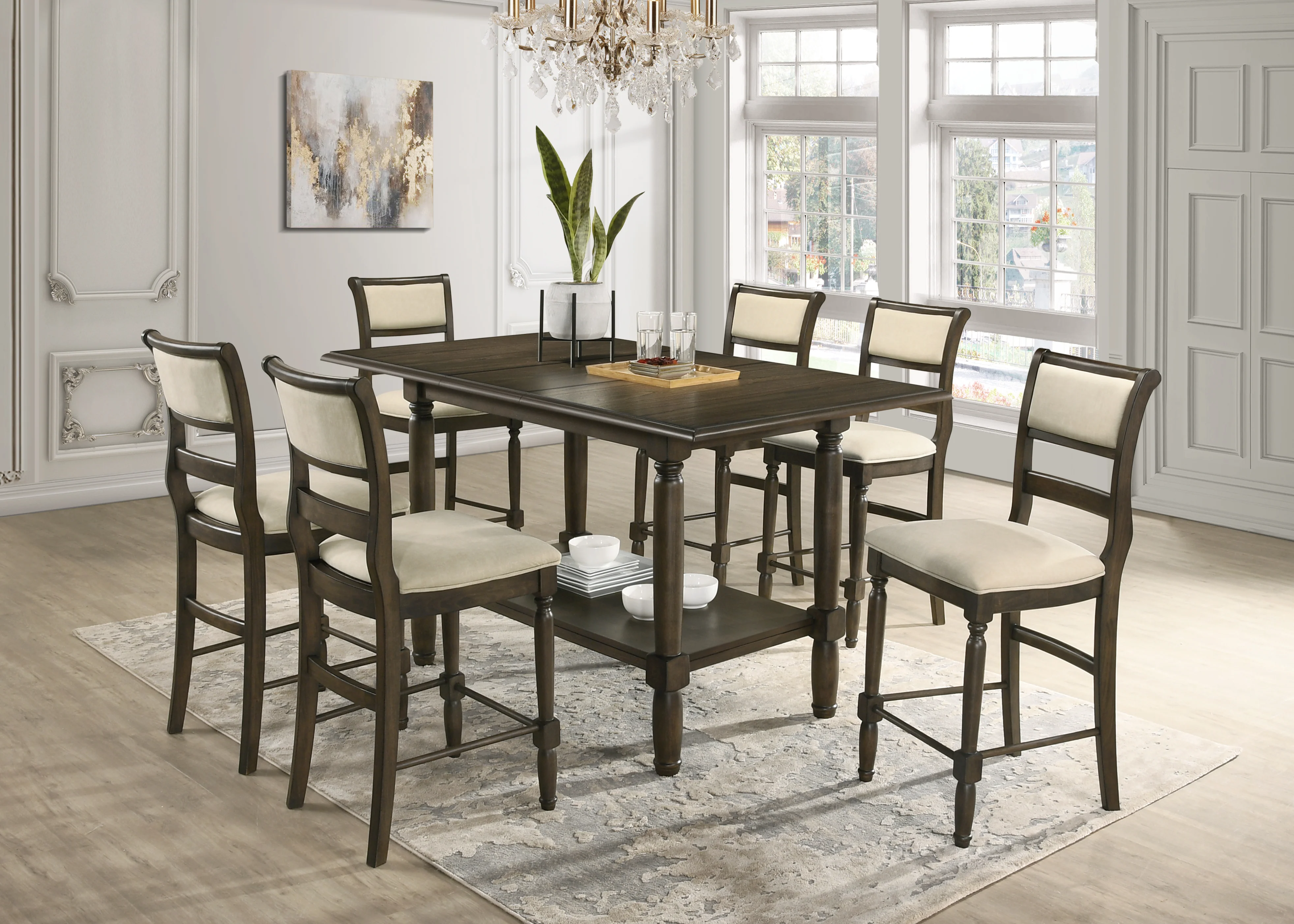Transitional Dark Brown & Gray 7-Piece Counter Height Dining Set with Storage Shelf