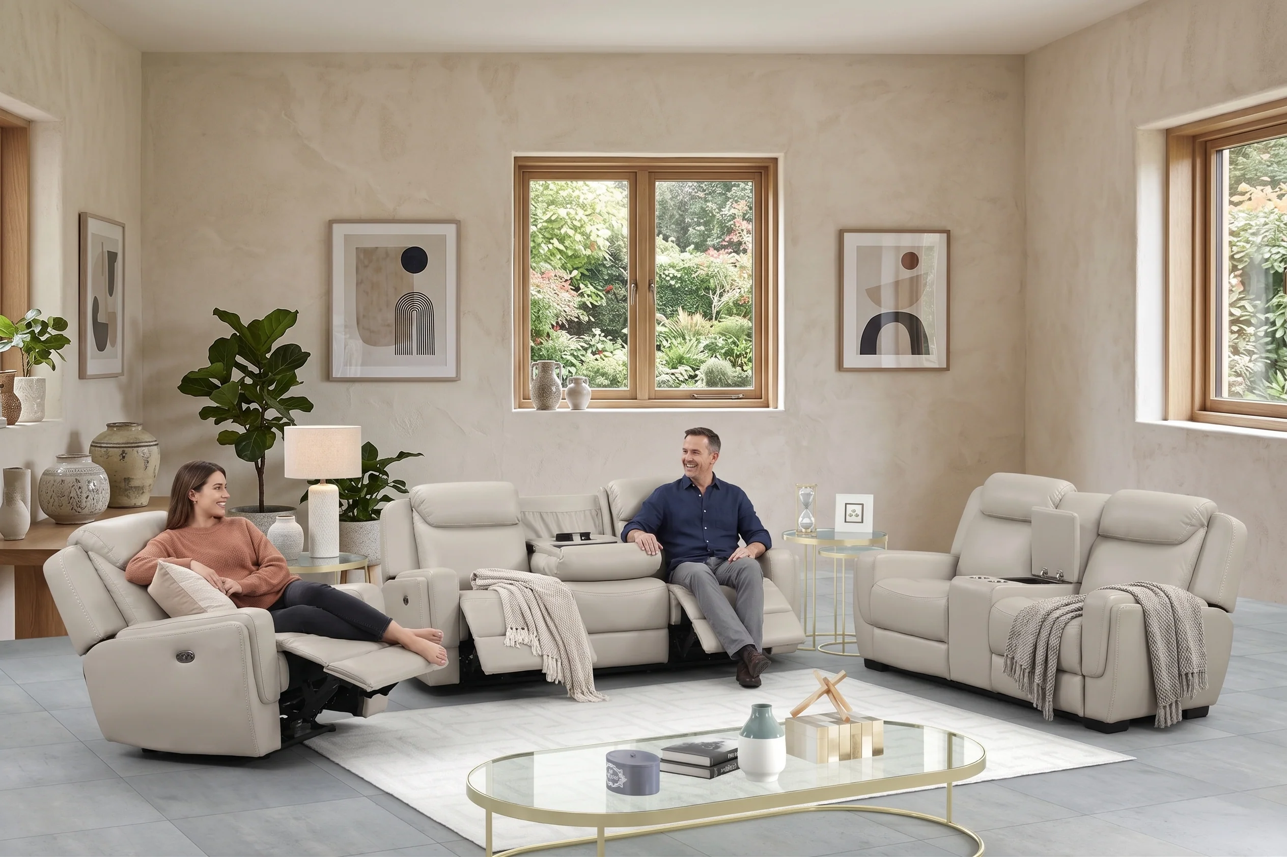 Contemporary Beige Air Leather 3-Piece Power Reclining Living Room Set with Console & USB