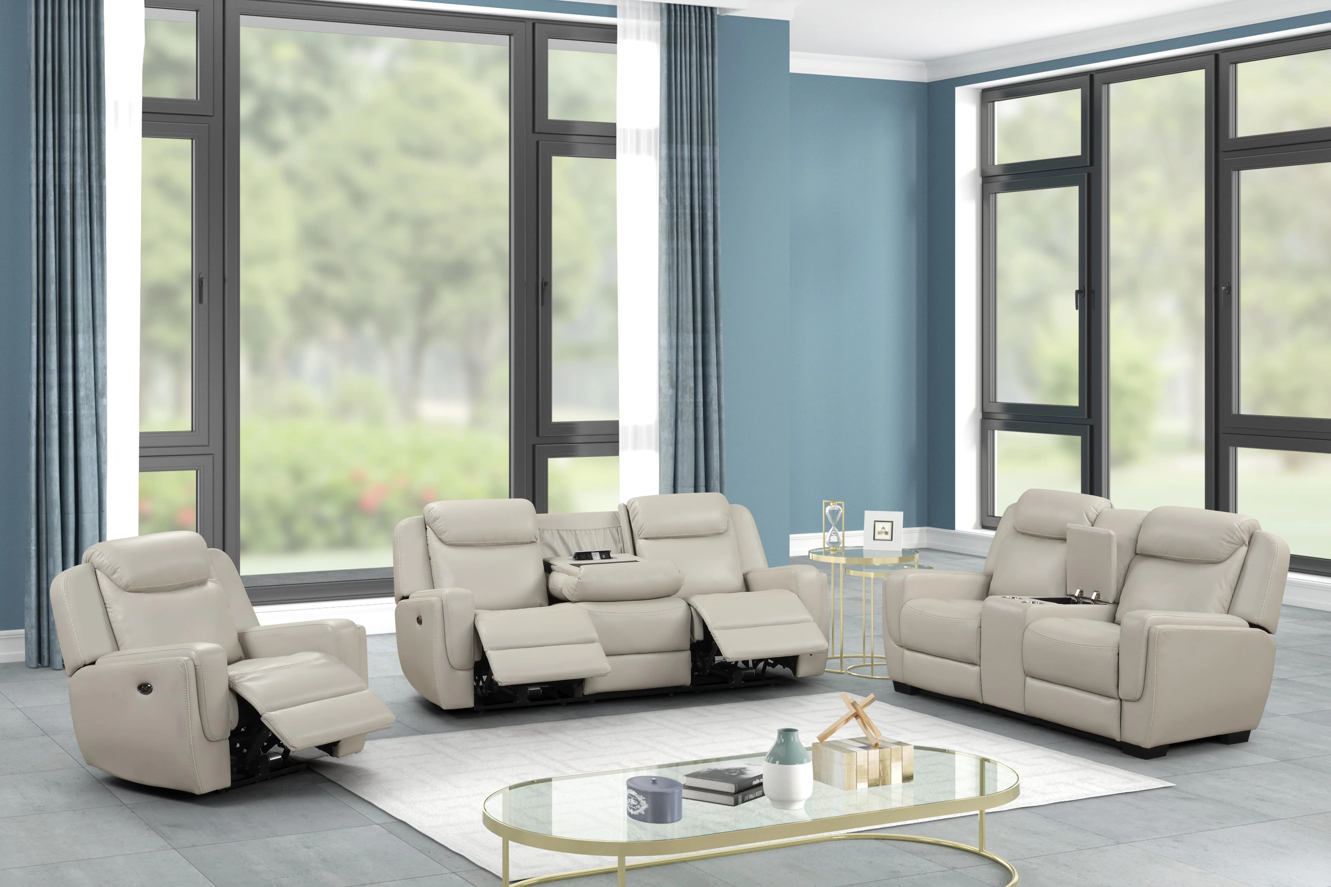 Contemporary Beige Air Leather 3-Piece Power Reclining Living Room Set with Console & USB