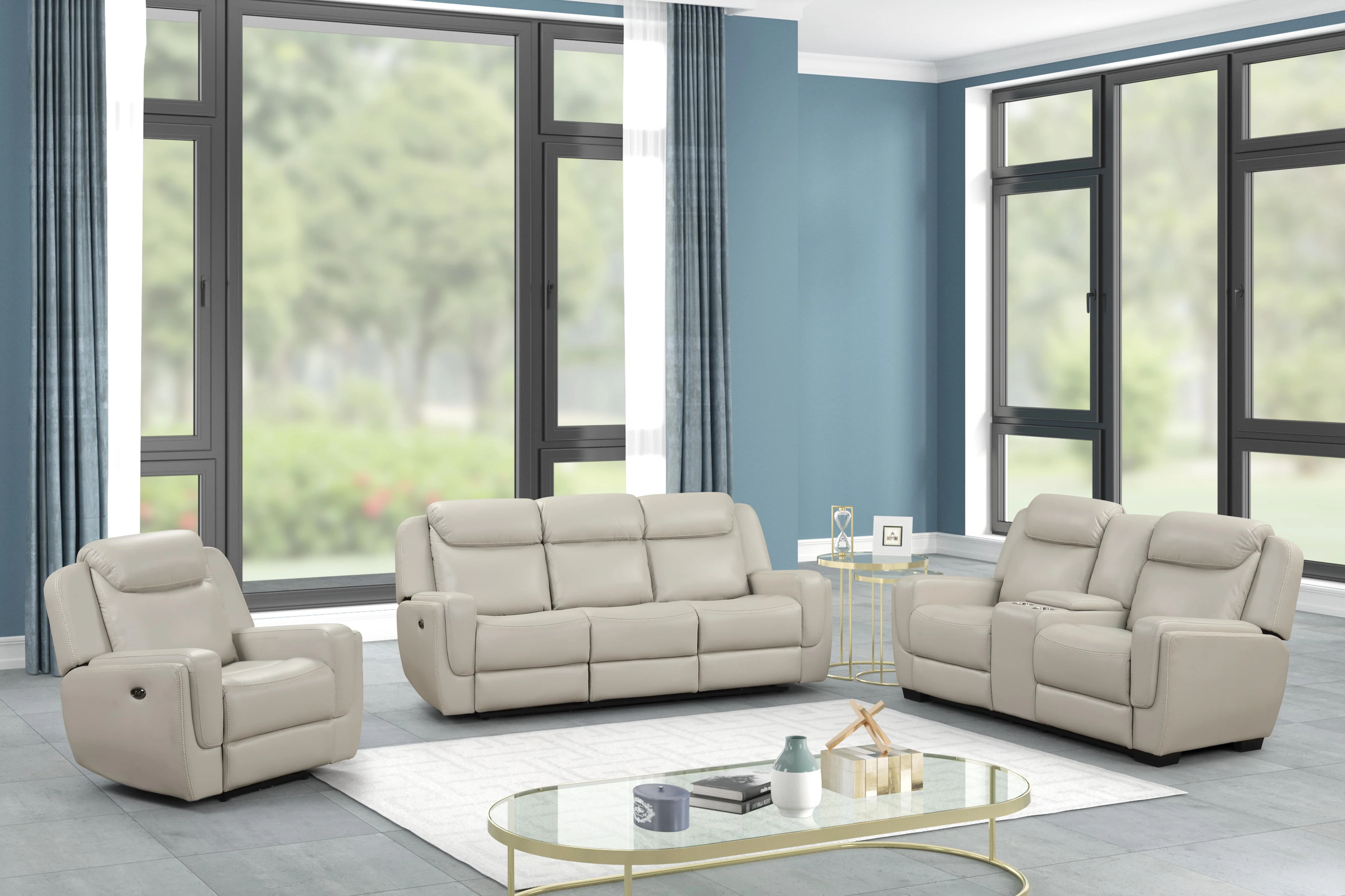 Contemporary Beige Air Leather 3-Piece Power Reclining Living Room Set with Console & USB