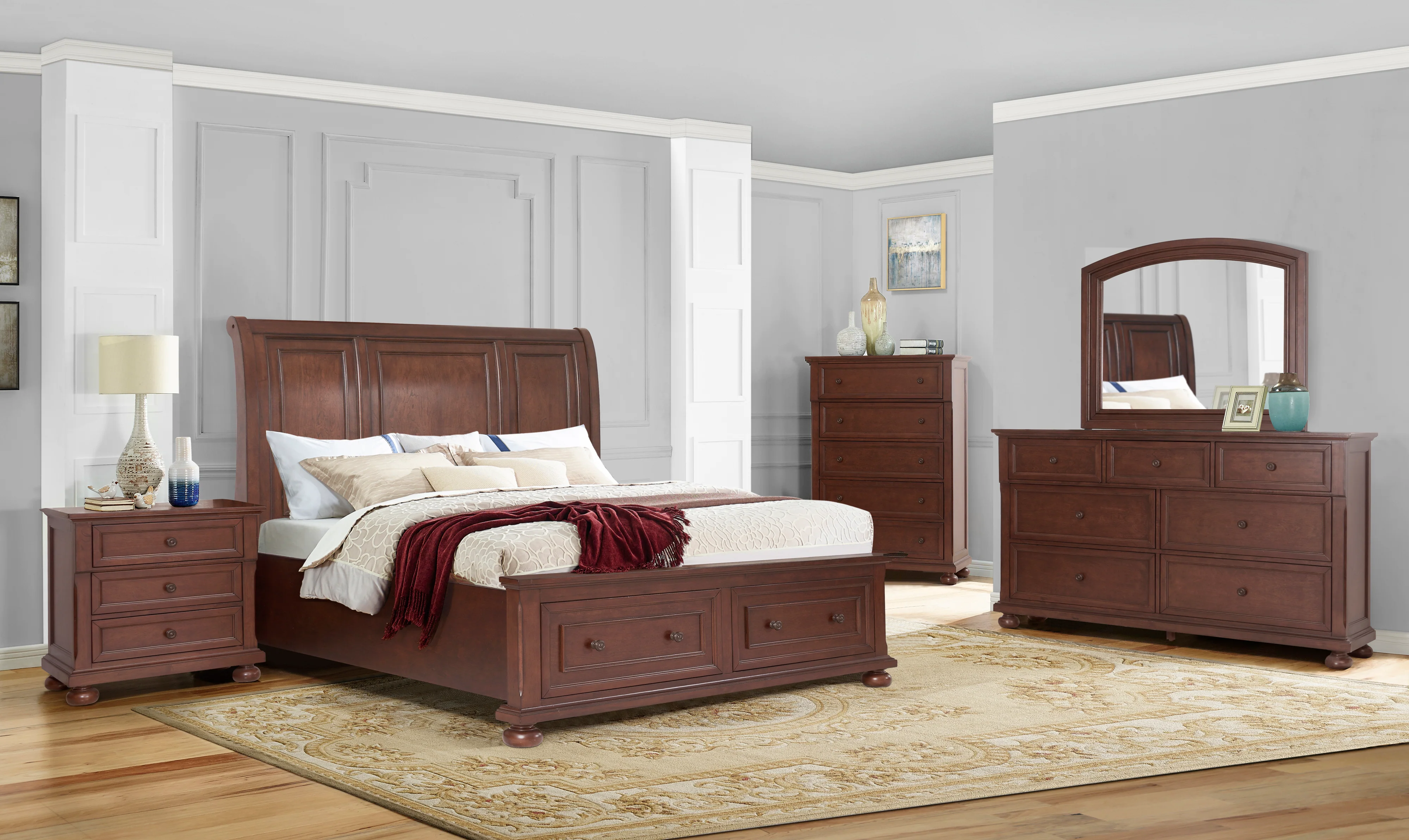 Cherry Sleigh Storage Bedroom Set with Footboard Drawers, Dresser & Mirror, Nightstand