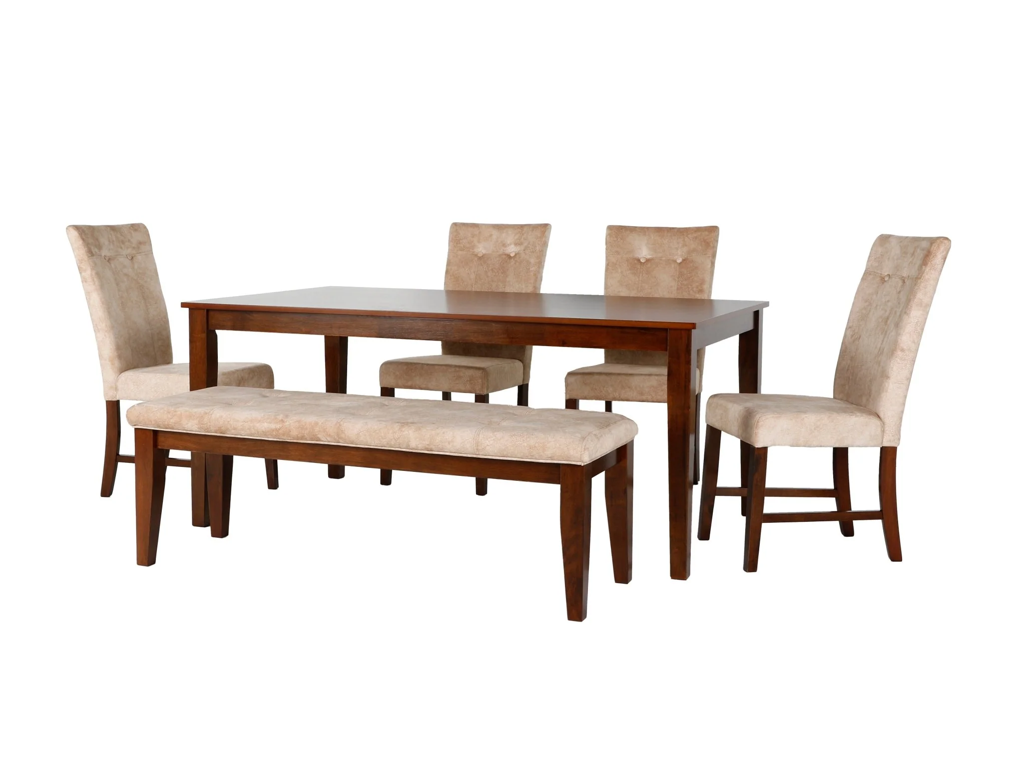 Transitional Brown Cherry 6-Piece Dining Set – 67" Table, Tufted Beige Upholstered Chairs & Bench
