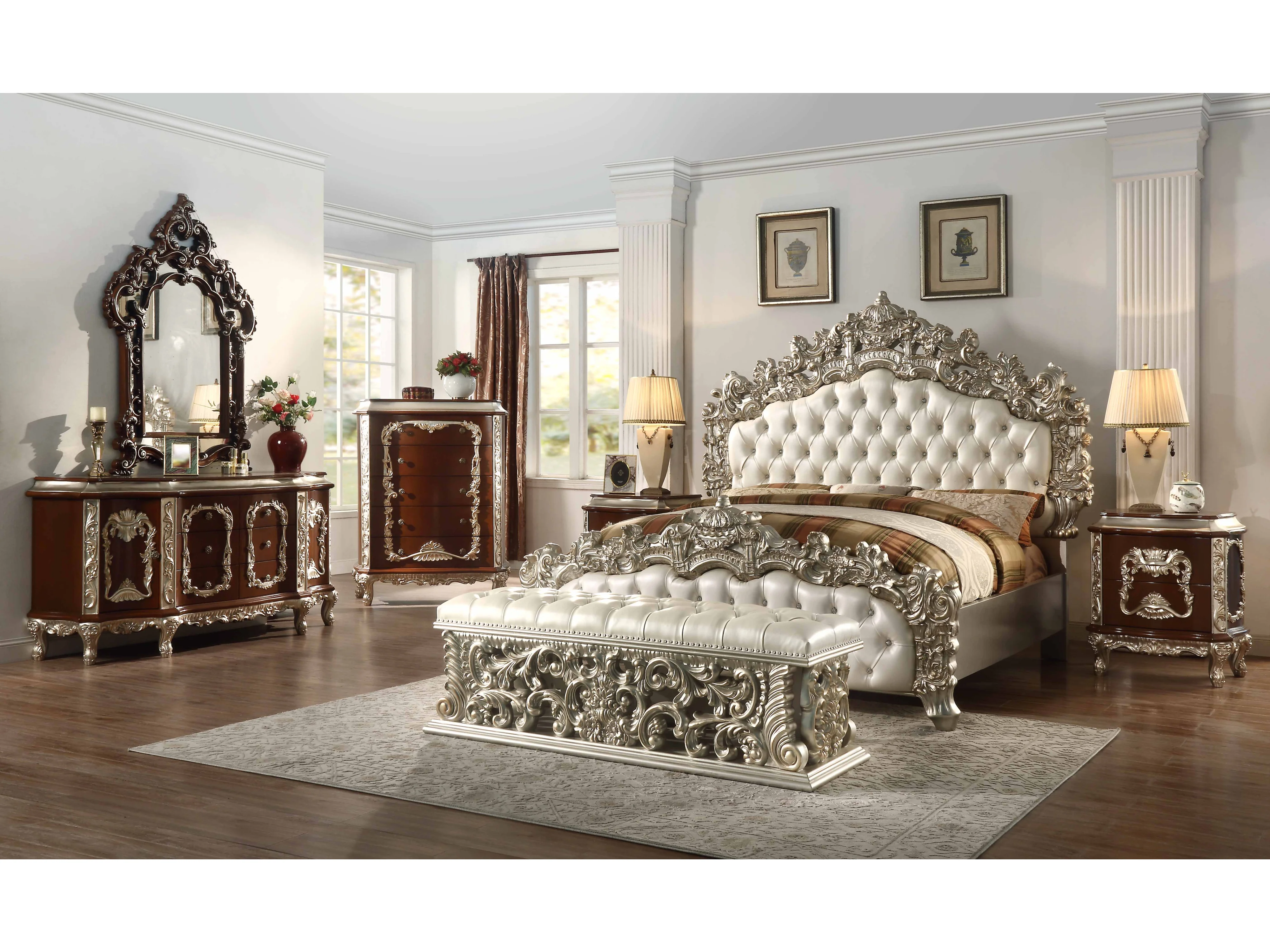 Vienna 7 Piece Traditional Bedroom Set with Tufted Bed, Dresser, Mirror & 2 Nightstands