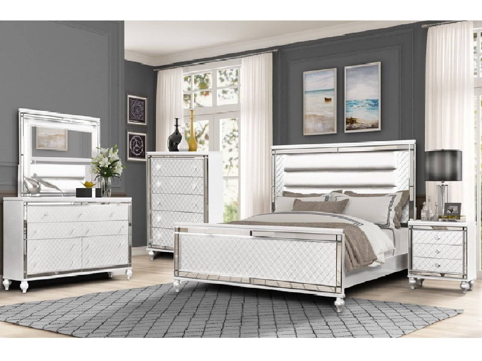 Modern Glam White Upholstered Panel 6-Piece Bedroom Set – Bed, Dresser, Mirror & Nightstand