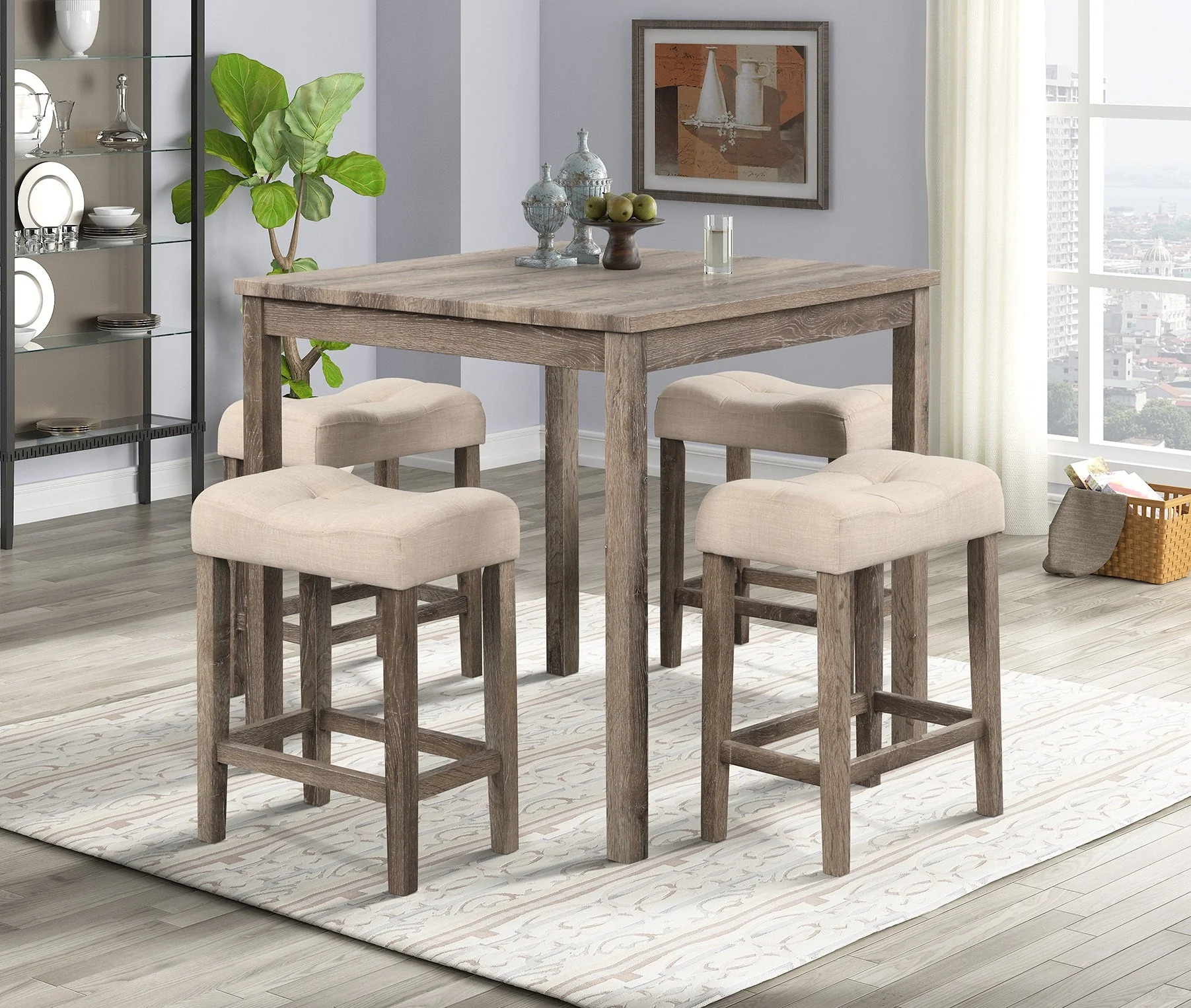 5-Piece Counter-Height Dining Set with Upholstered Backless Stools – Driftwood & Beige