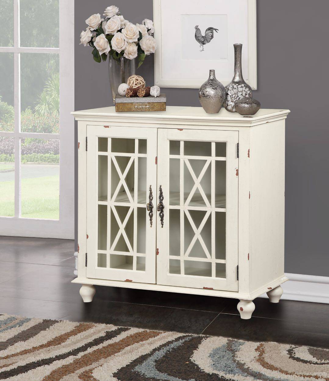 Antique White 2-Door Accent Cabinet — Tempered Glass Lattice Doors, Adjustable Shelf