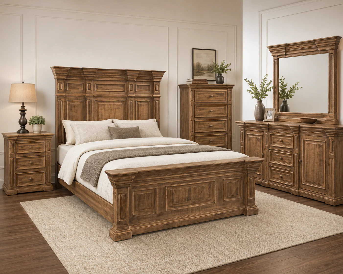3767-traditional-rustic-natural-wood-6-piece-bedroom-set-with-panel-bed-dresser-mirror-nightstand-1.webp Traditional Rustic Natural Wood 6 Piece Bedroom Set with Panel Bed, Dresser, Mirror & Nightstand