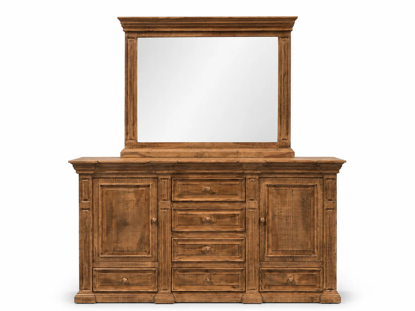 Traditional Rustic Natural Wood 6 Piece Bedroom Set with Panel Bed, Dresser, Mirror & Nightstand