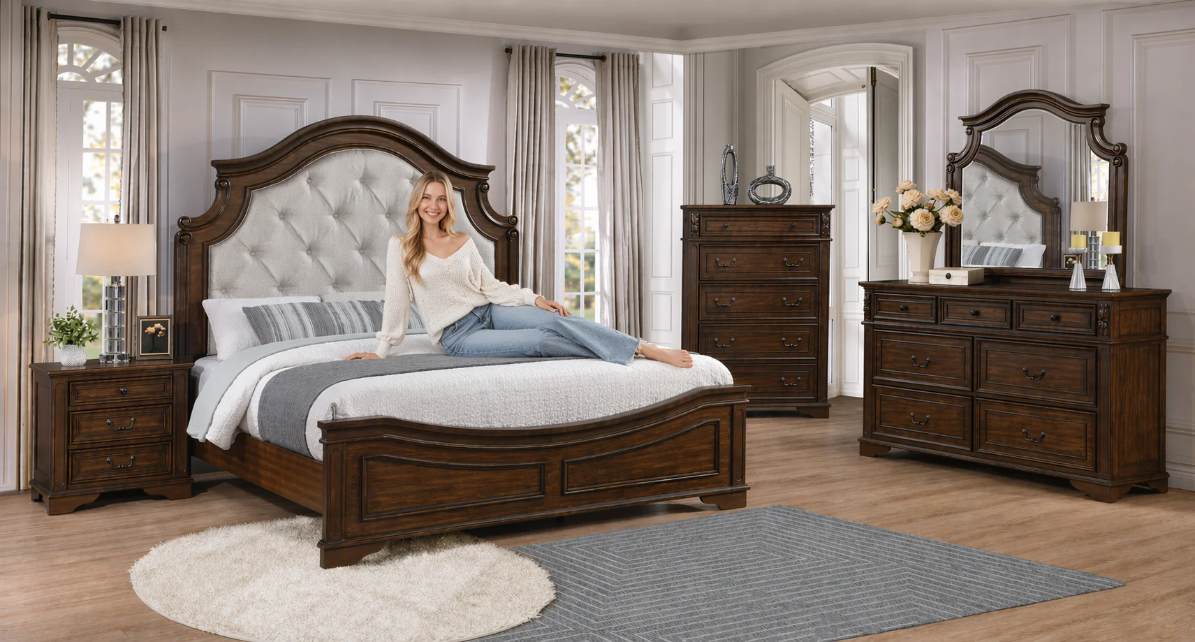Traditional 6-Piece Bedroom Set with Tufted Upholstered Panel Bed, Dresser, Mirror & Nightstand (Dark Brown)