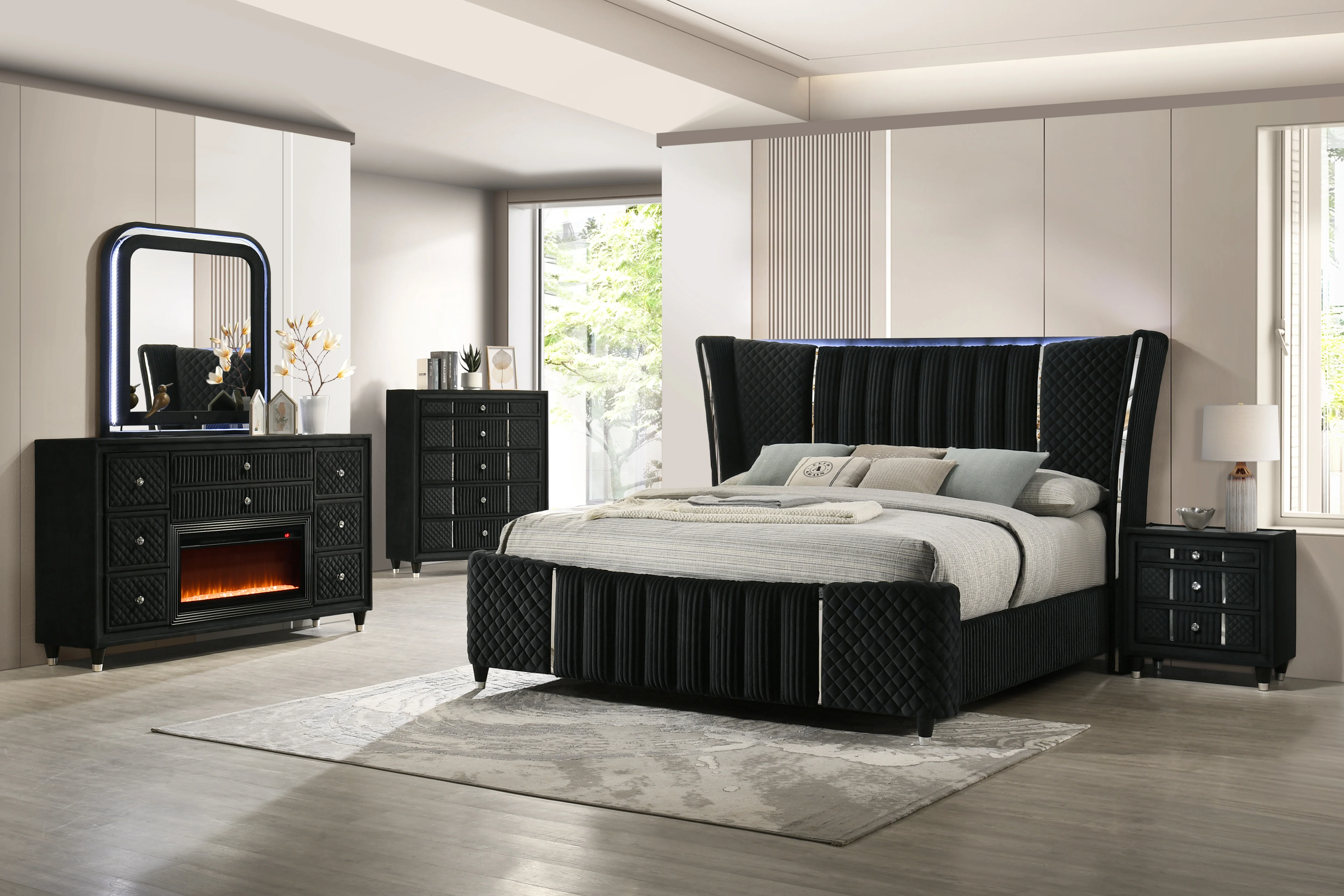 3785-velvet-black-glam-6-piece-bedroom-set-with-led-bed-fireplace-dresser-mirror-nightstand-1.webp Velvet Black Glam 6-Piece Bedroom Set with LED Bed, Fireplace Dresser, Mirror & Nightstand
