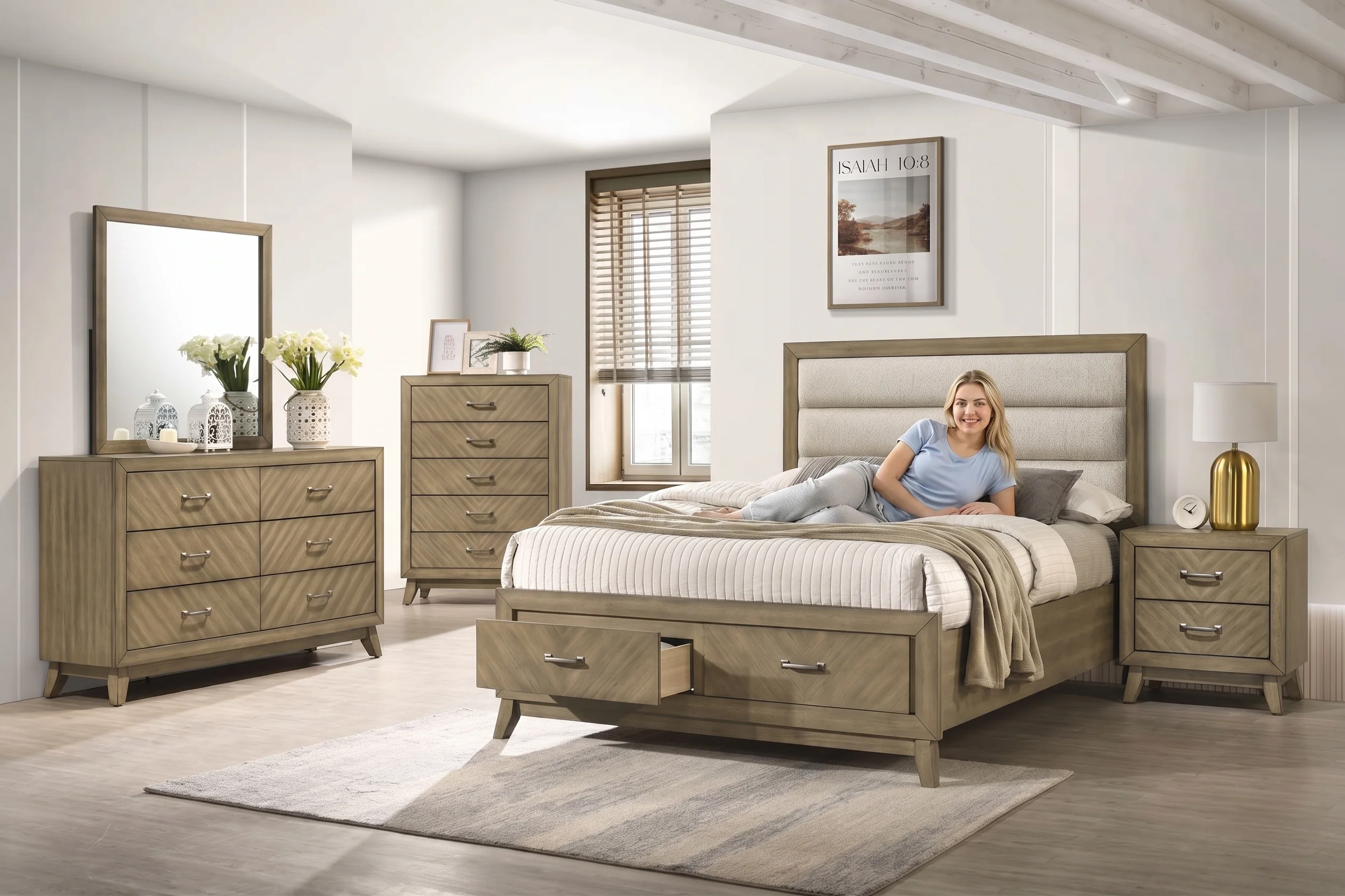 Transitional Antique Gray 6-Piece Bedroom Set with Upholstered Panel Bed, Dresser, Mirror & Nightstand