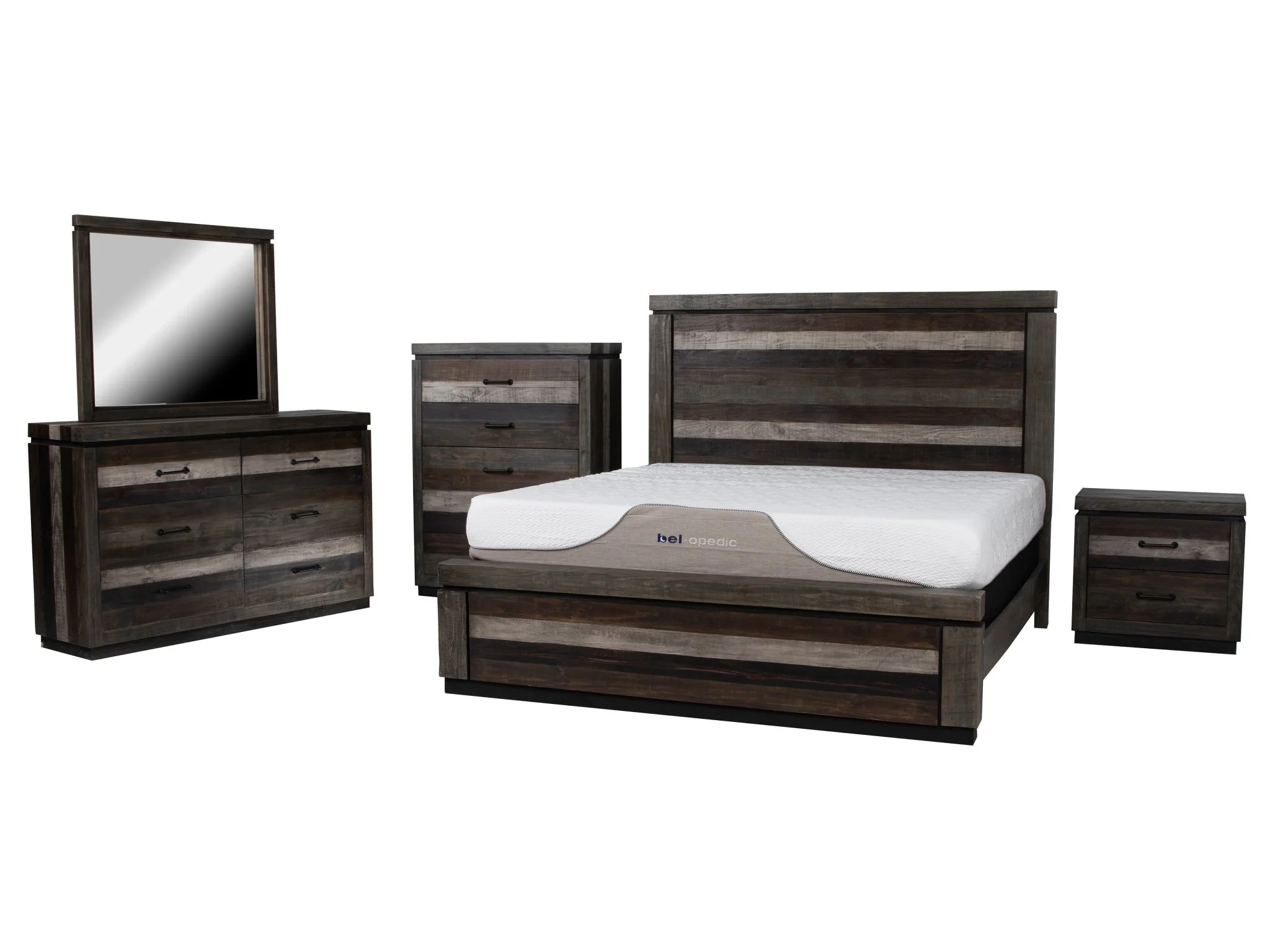 Westminster Rustic 6-Piece Distressed Multi-Tone Bedroom Set with Panel Bed, Dresser, Mirror & Nightstand