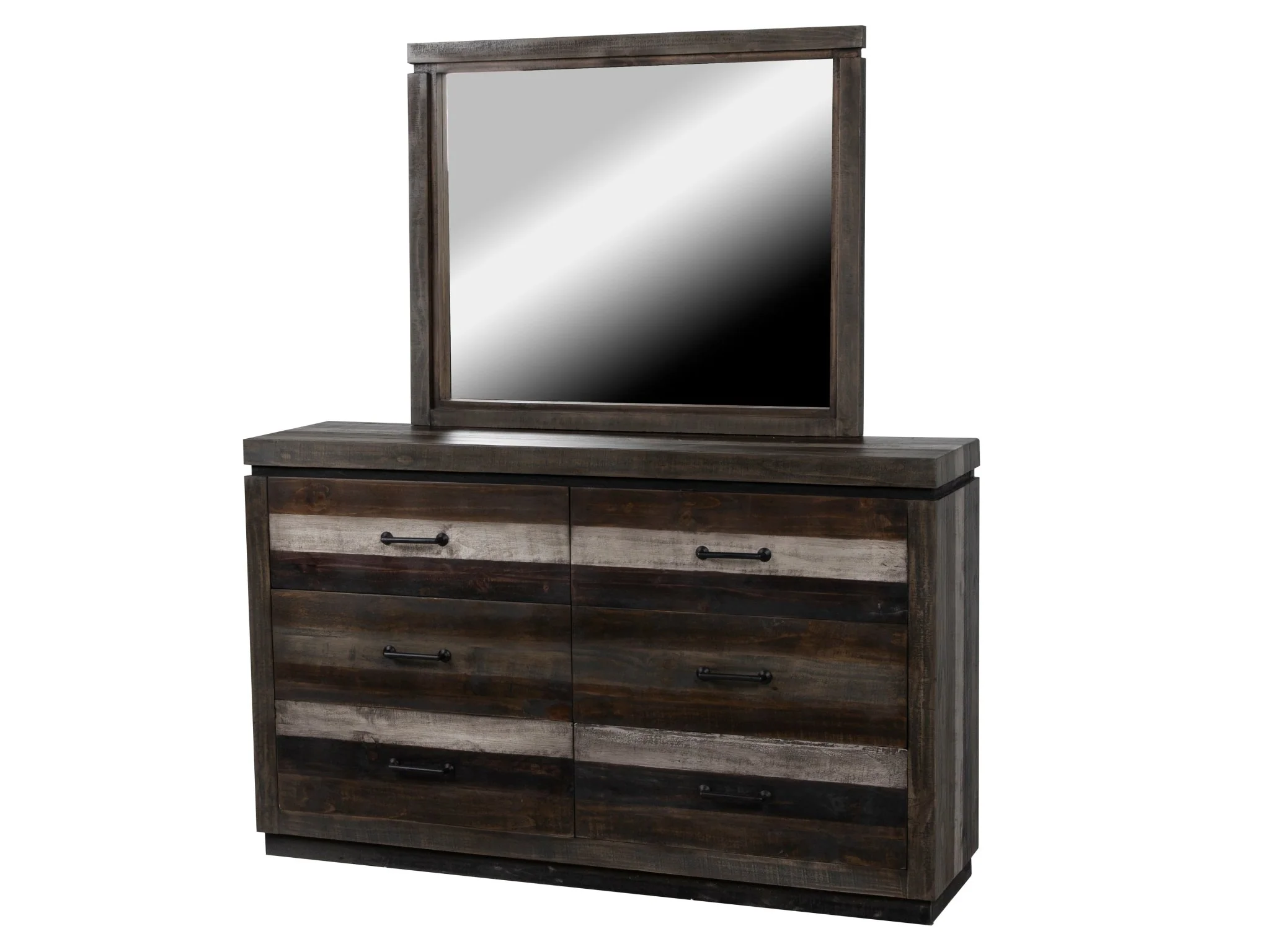Westminster Rustic 6-Piece Distressed Multi-Tone Bedroom Set with Panel Bed, Dresser, Mirror & Nightstand