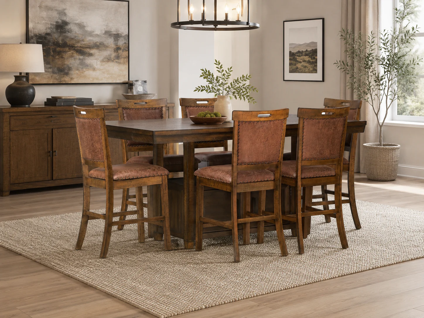 3816-rustic-counter-height-7-piece-dining-set-in-brown-with-storage-pedestal-table-and-6-nailhead-upholstered-pub-chairs-1.webp Rustic Counter Height 7-Piece Dining Set in Brown with Storage Pedestal Table and 6 Nailhead Upholstered Pub Chairs