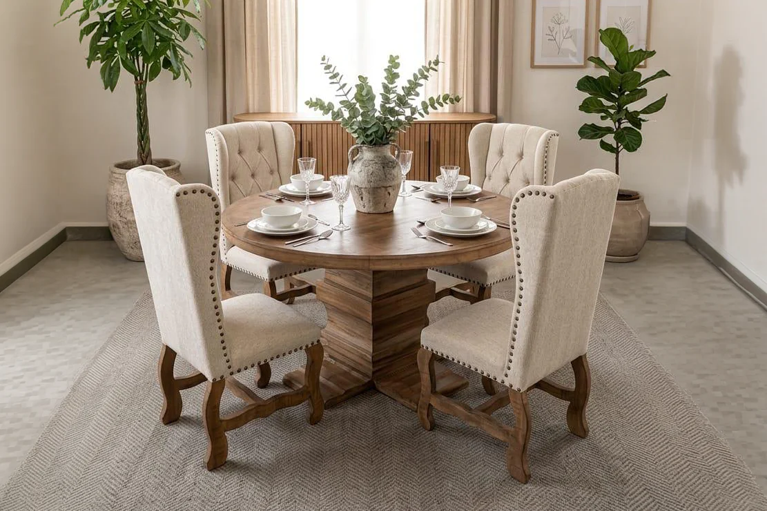 3820-traditional-rustic-natural-wood-round-dining-set-with-beige-tufted-wingback-chairs-nailhead-trim-pedestal-table-design-1.webp Traditional Rustic Natural Wood Round Dining Set with Beige Tufted Wingback Chairs, Nailhead Trim & Pedestal Table Design