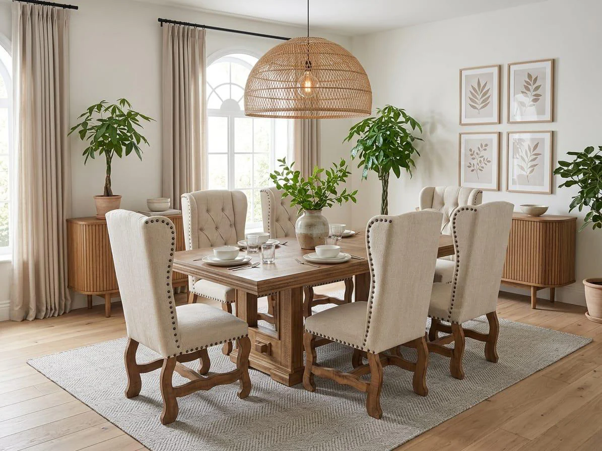 3821-traditional-rustic-solid-wood-7-piece-dining-room-set-with-beige-tufted-upholstered-chairs-nailhead-trim-pedestal-table-design-1.webp Traditional Rustic Solid Wood 7 Piece Dining Room Set with Beige Tufted Upholstered Chairs, Nailhead Trim & Pedestal Table Design