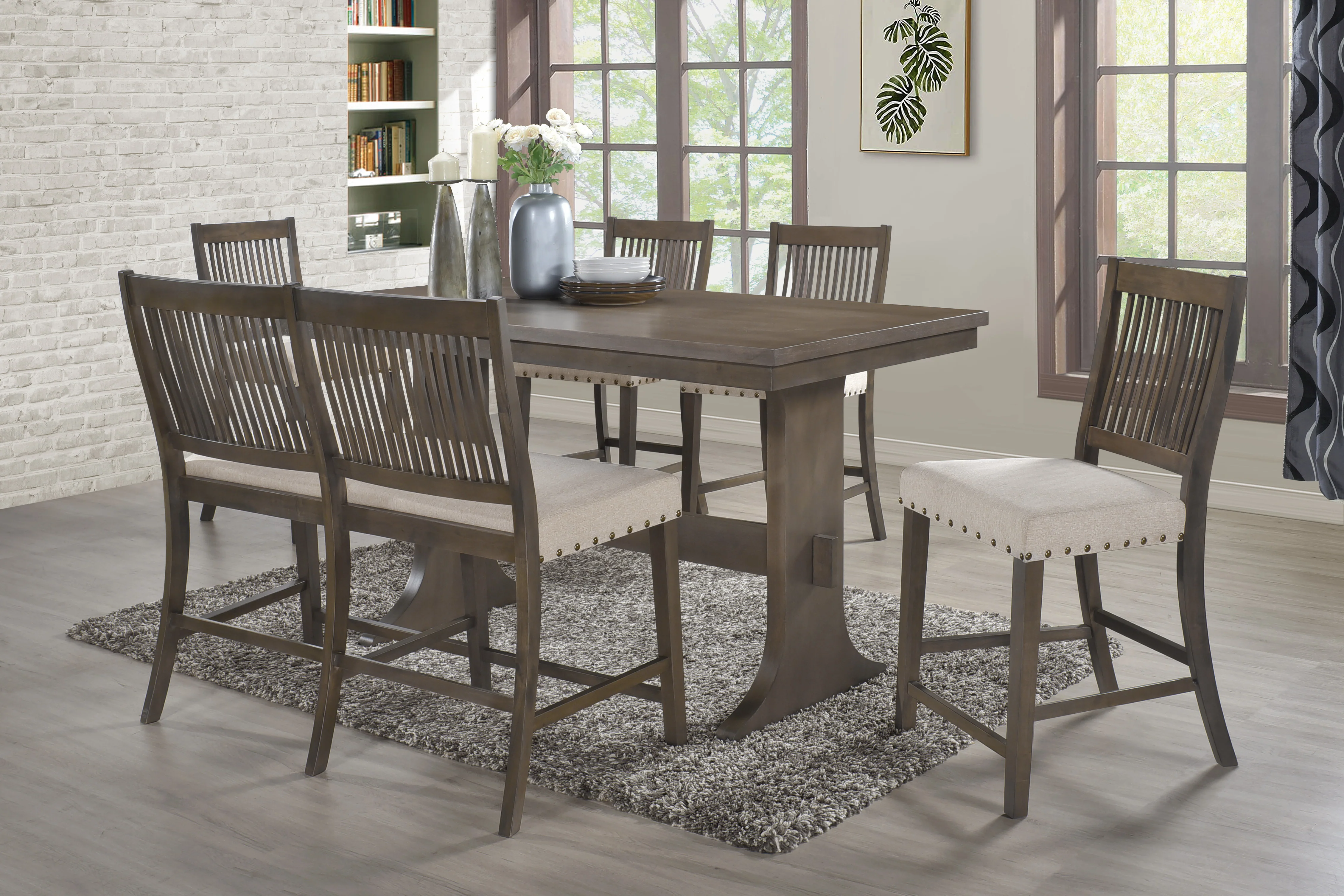 Contemporary Light Oak 6-Piece Counter Height Dining Set with Upholstered Chairs & Bench
