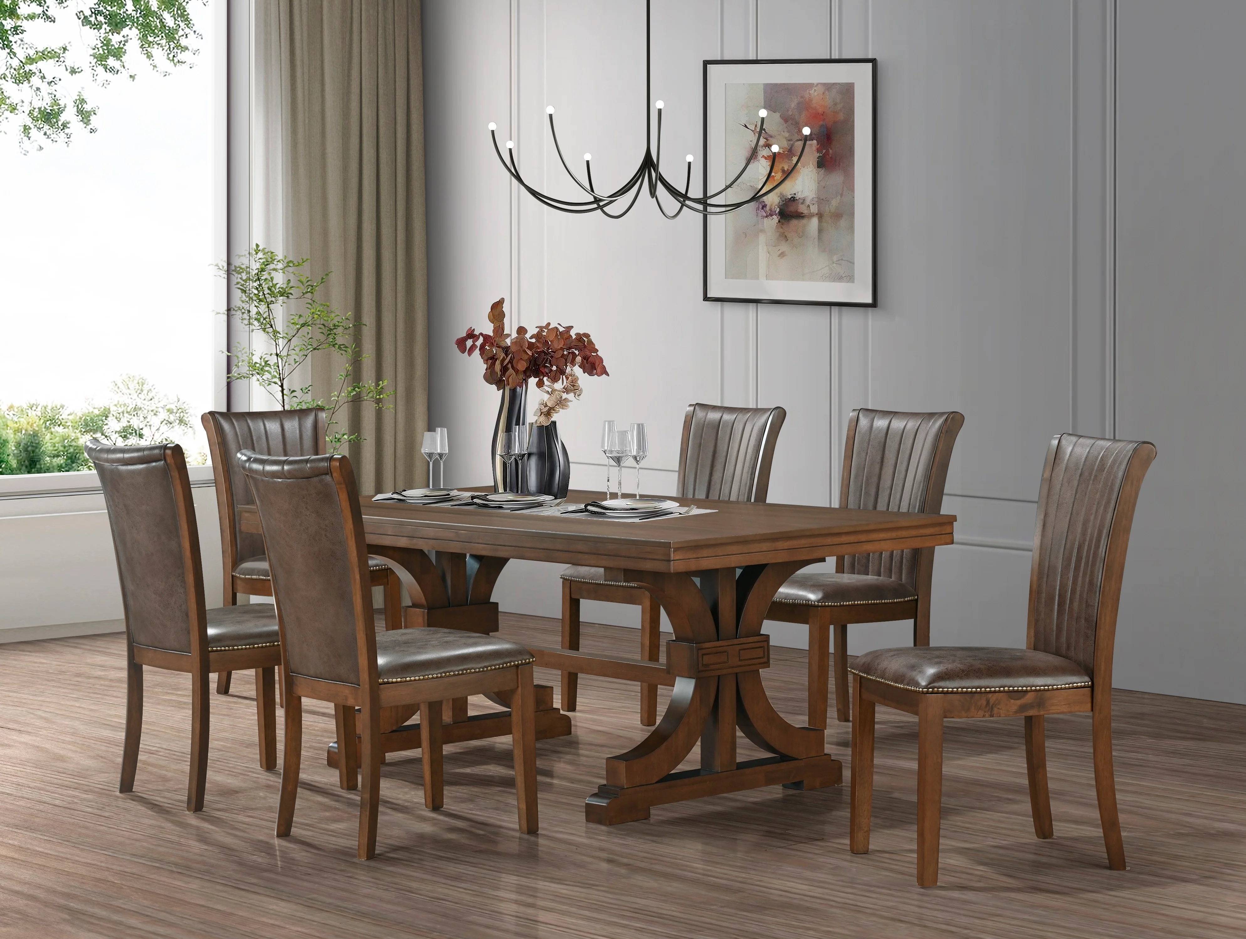 7-Piece Transitional Trestle Dining Room Set with Nailhead Upholstered Chairs (Brown)