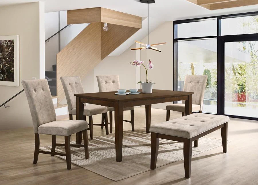 Transitional Brown Cherry 6-Piece Dining Set – 67" Table, Tufted Beige Upholstered Chairs & Bench