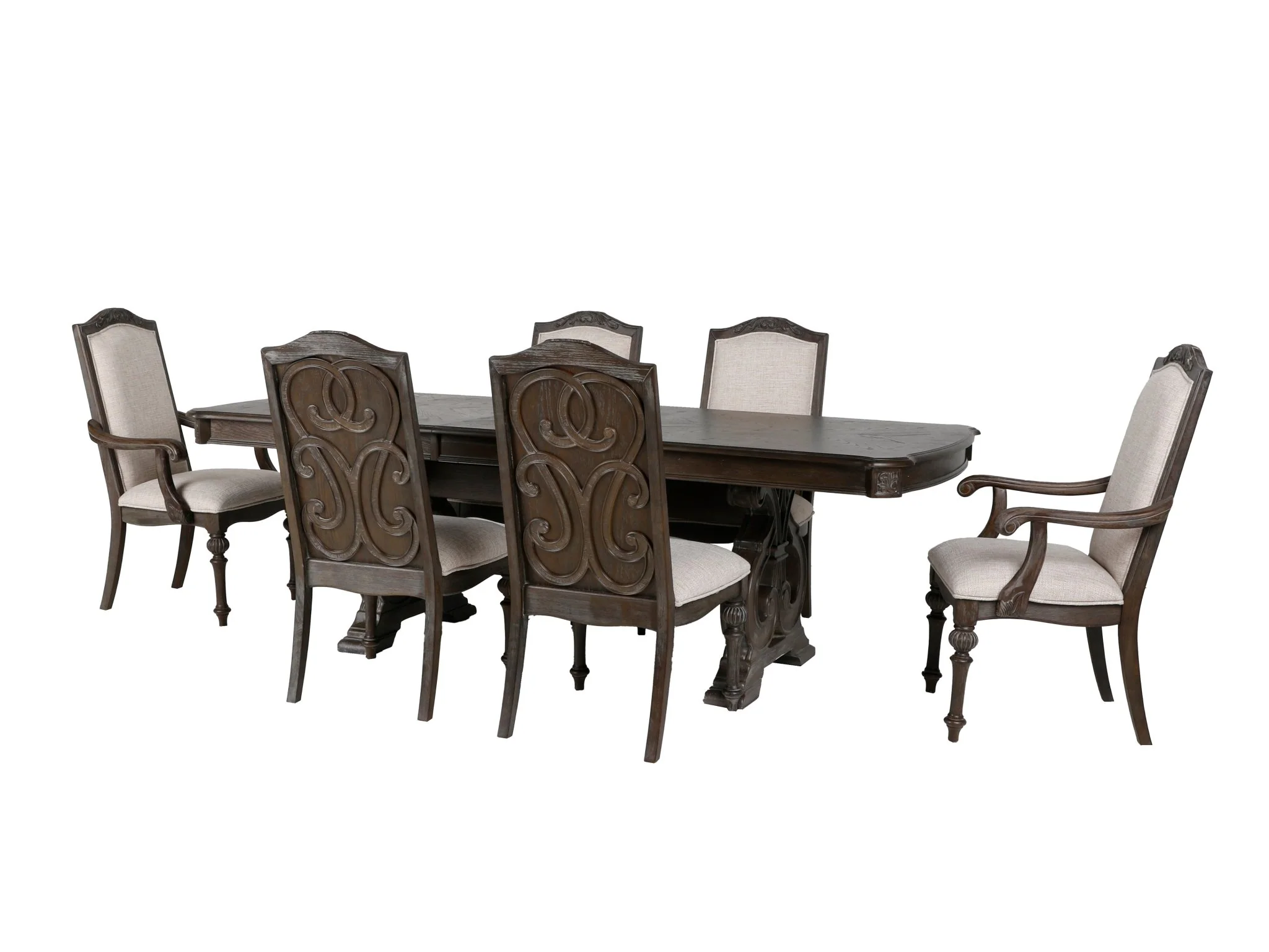 Reclaimed Grey Oak 7-Piece Dining Set — Rectangular Trestle Table with 6 Upholstered Chairs