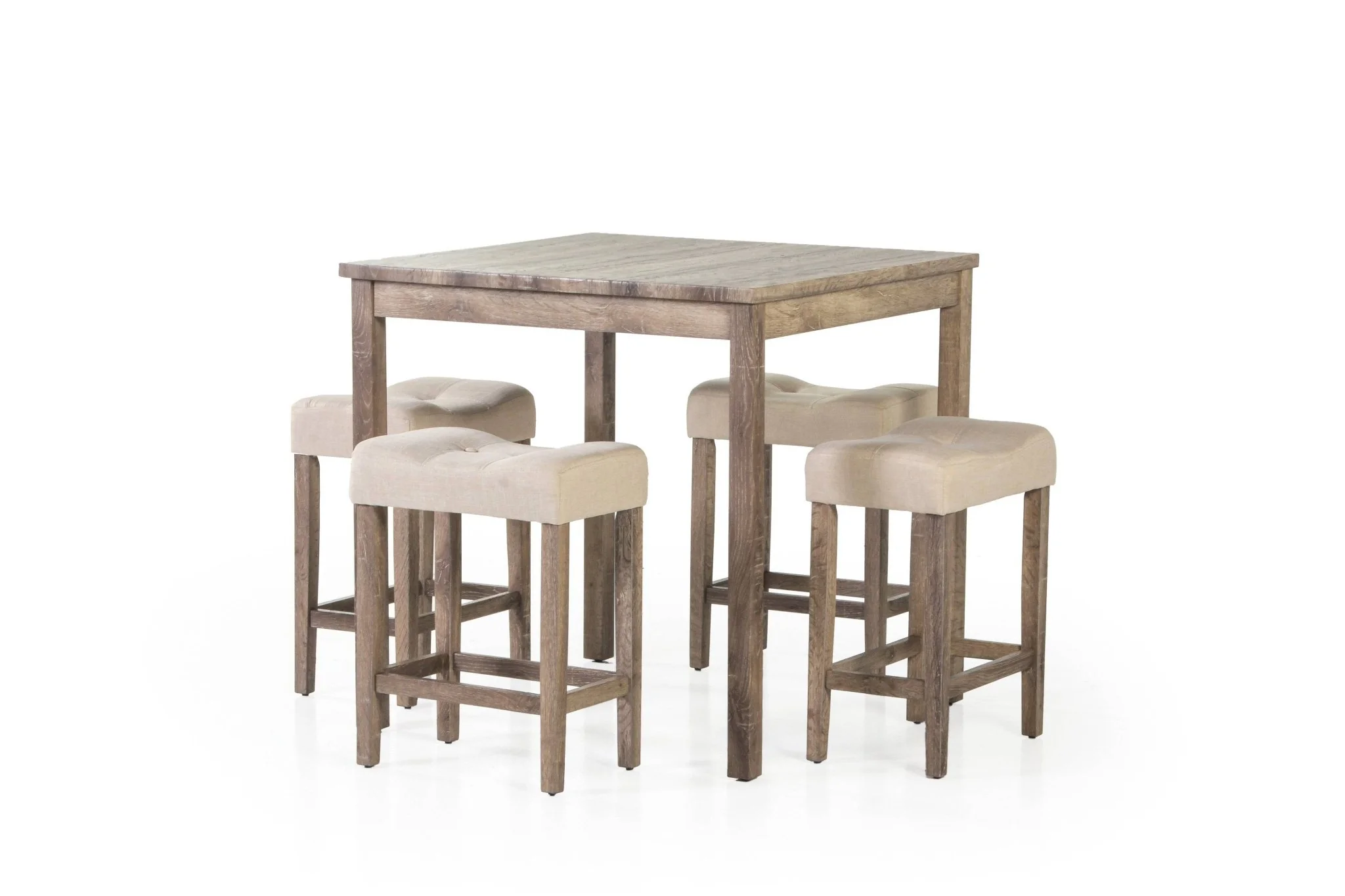 5-Piece Counter-Height Dining Set with Upholstered Backless Stools – Driftwood & Beige