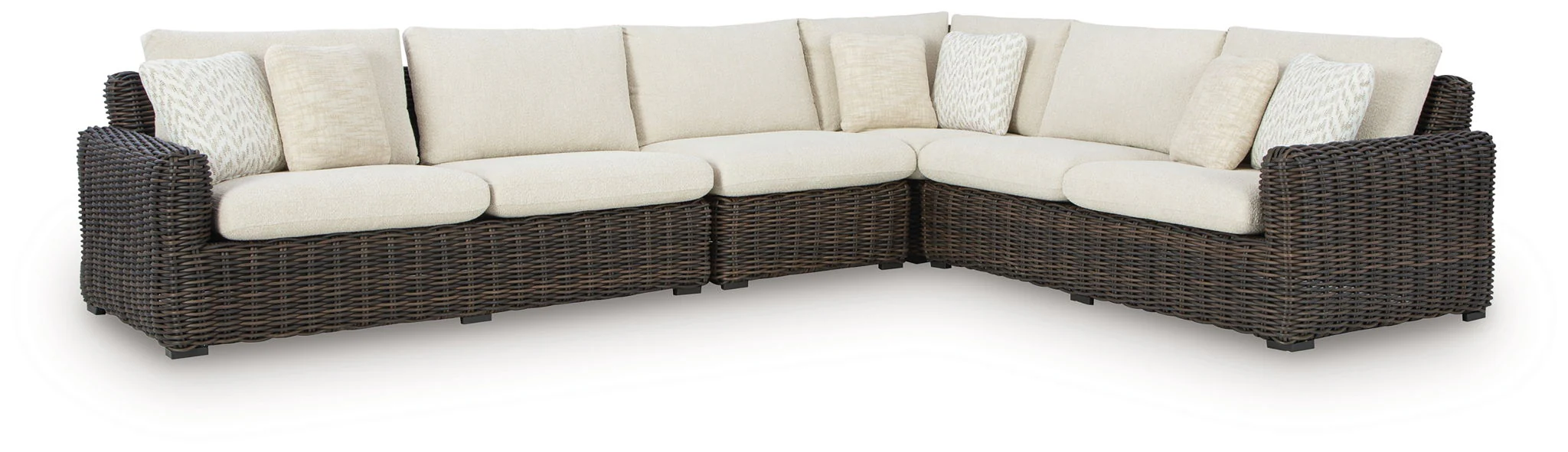 Kimora - 7 Pc. - 4-Piece Outdoor Sectional, Swivel Glider Lounge, Cocktail Table, End Table - Beige / Dark Brown