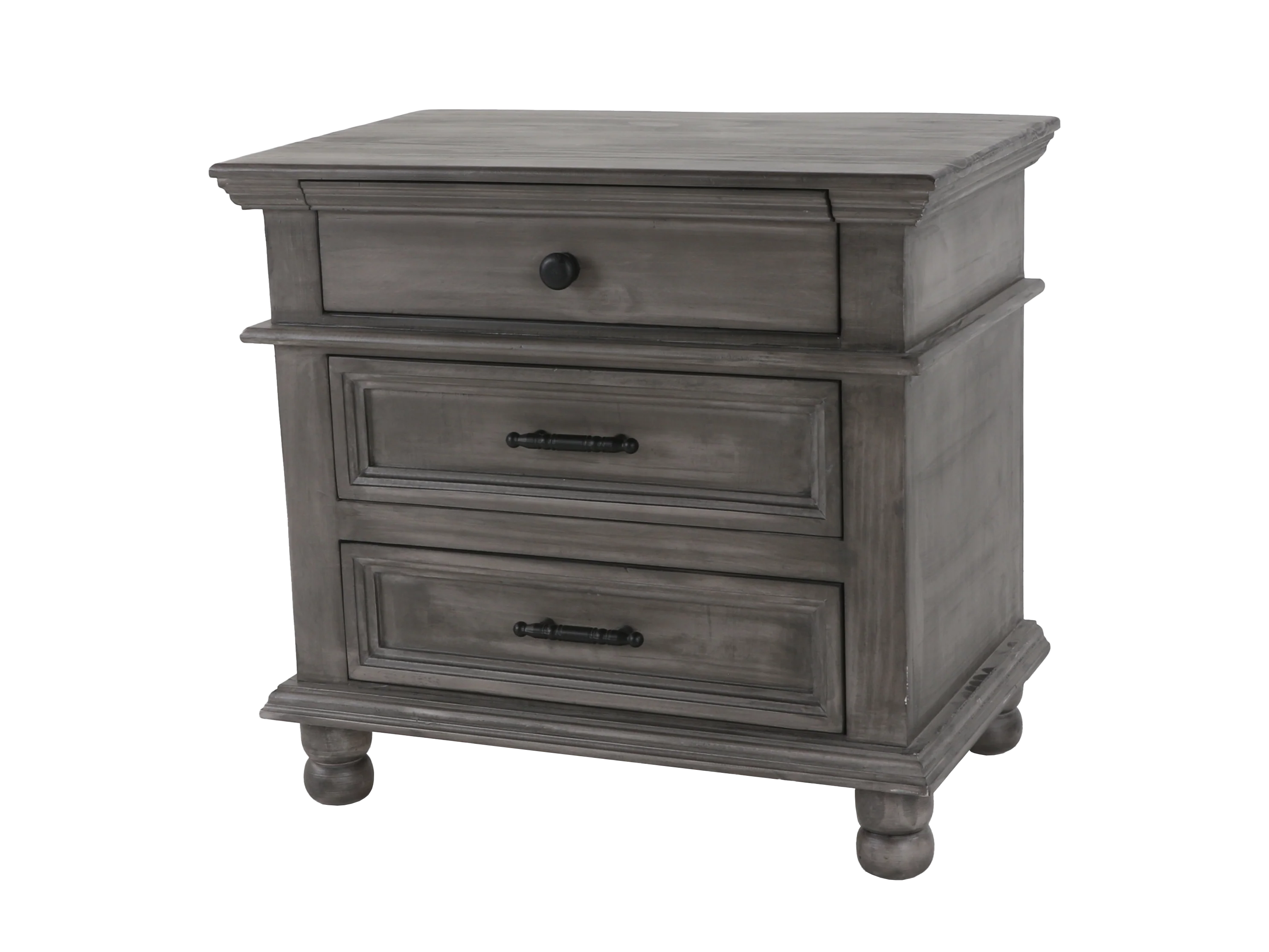 408-weathered-gray-farmhouse-nightstand-with-3-drawers-turned-feet-1.webp Weathered Gray Farmhouse Nightstand with 3 Drawers & Turned Feet