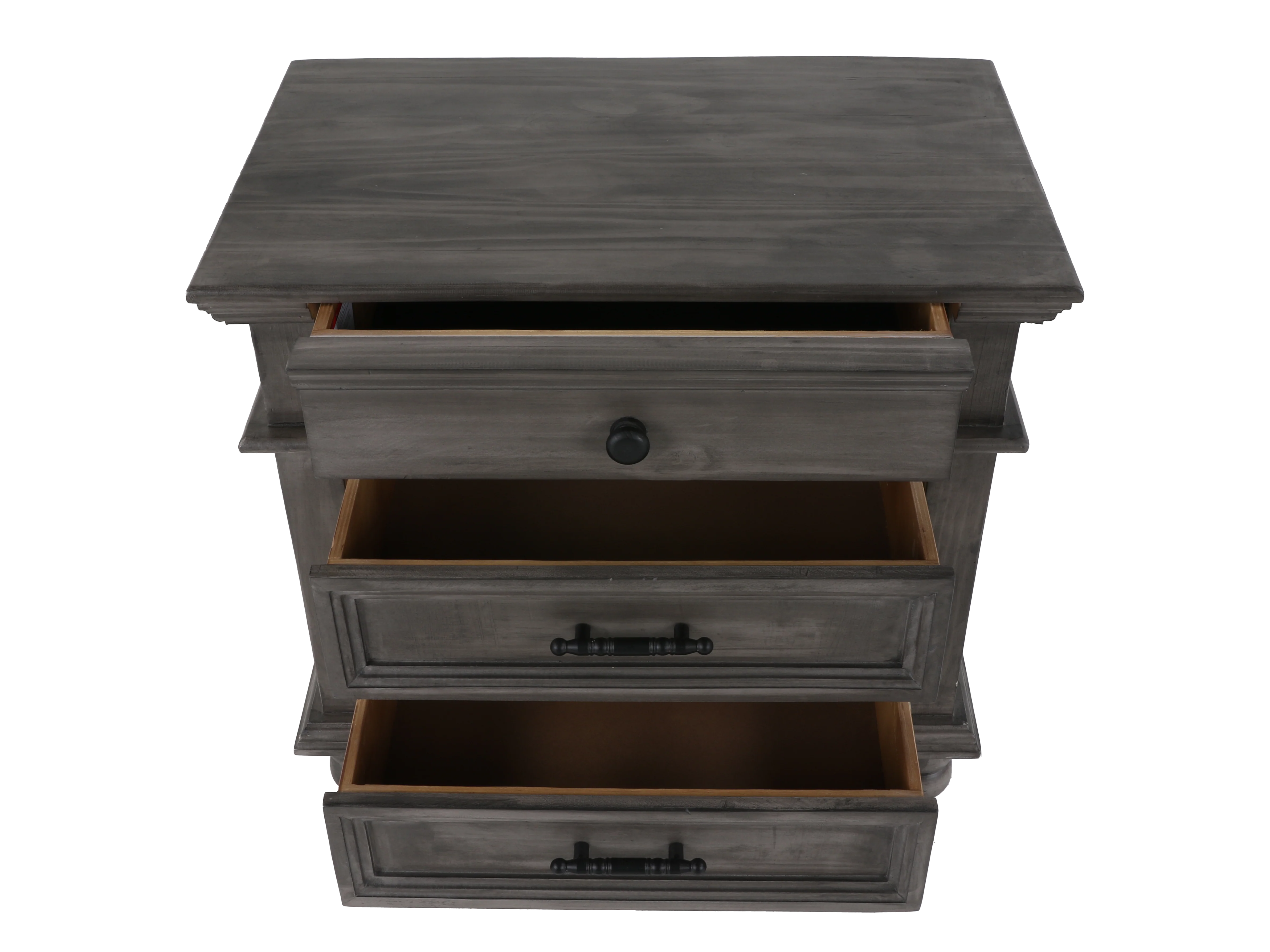 408-weathered-gray-farmhouse-nightstand-with-3-drawers-turned-feet-2.webp Weathered Gray Farmhouse Nightstand with 3 Drawers & Turned Feet