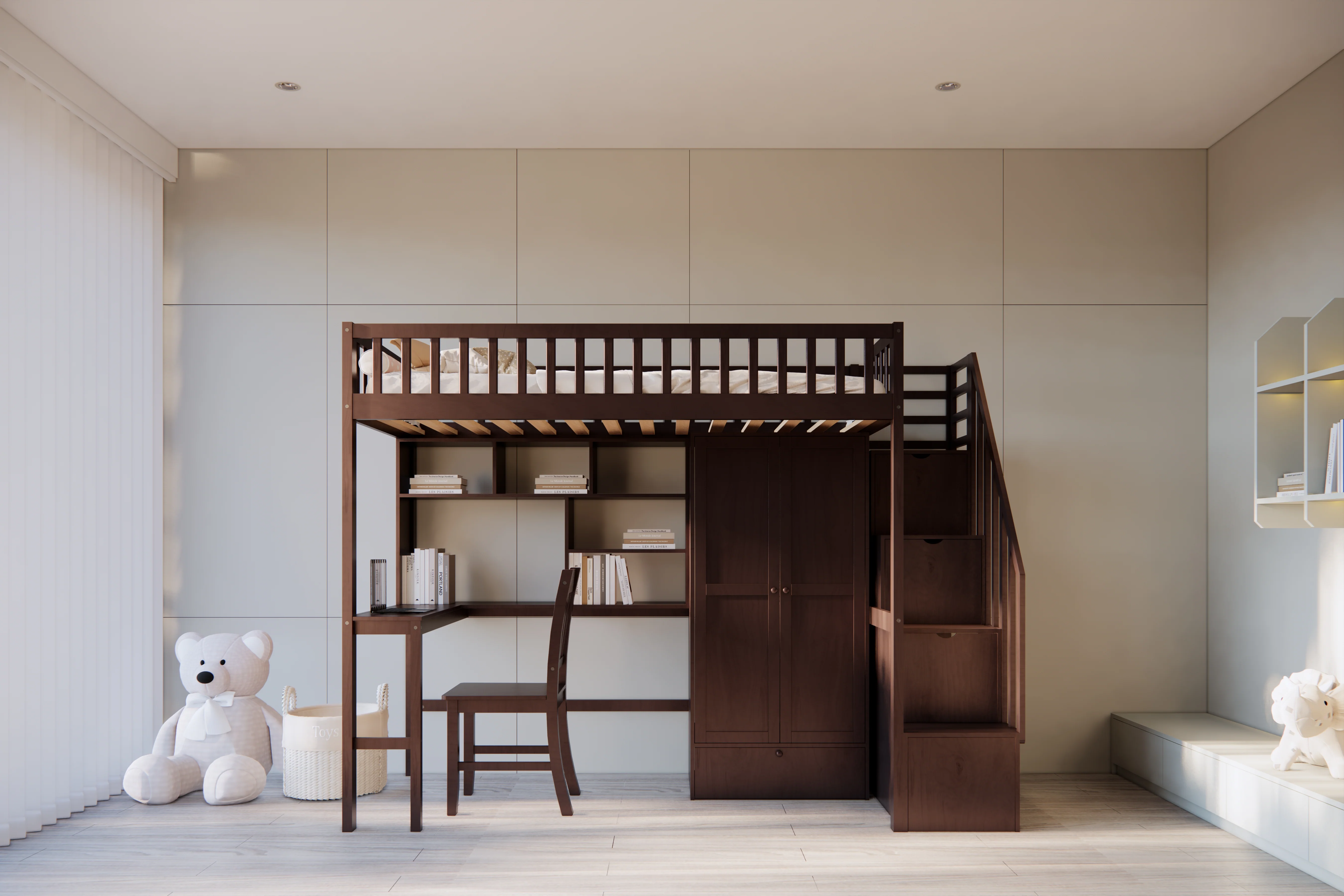 Espresso Twin Loft Bed with Desk, Stair Storage, Wardrobe, and Chair