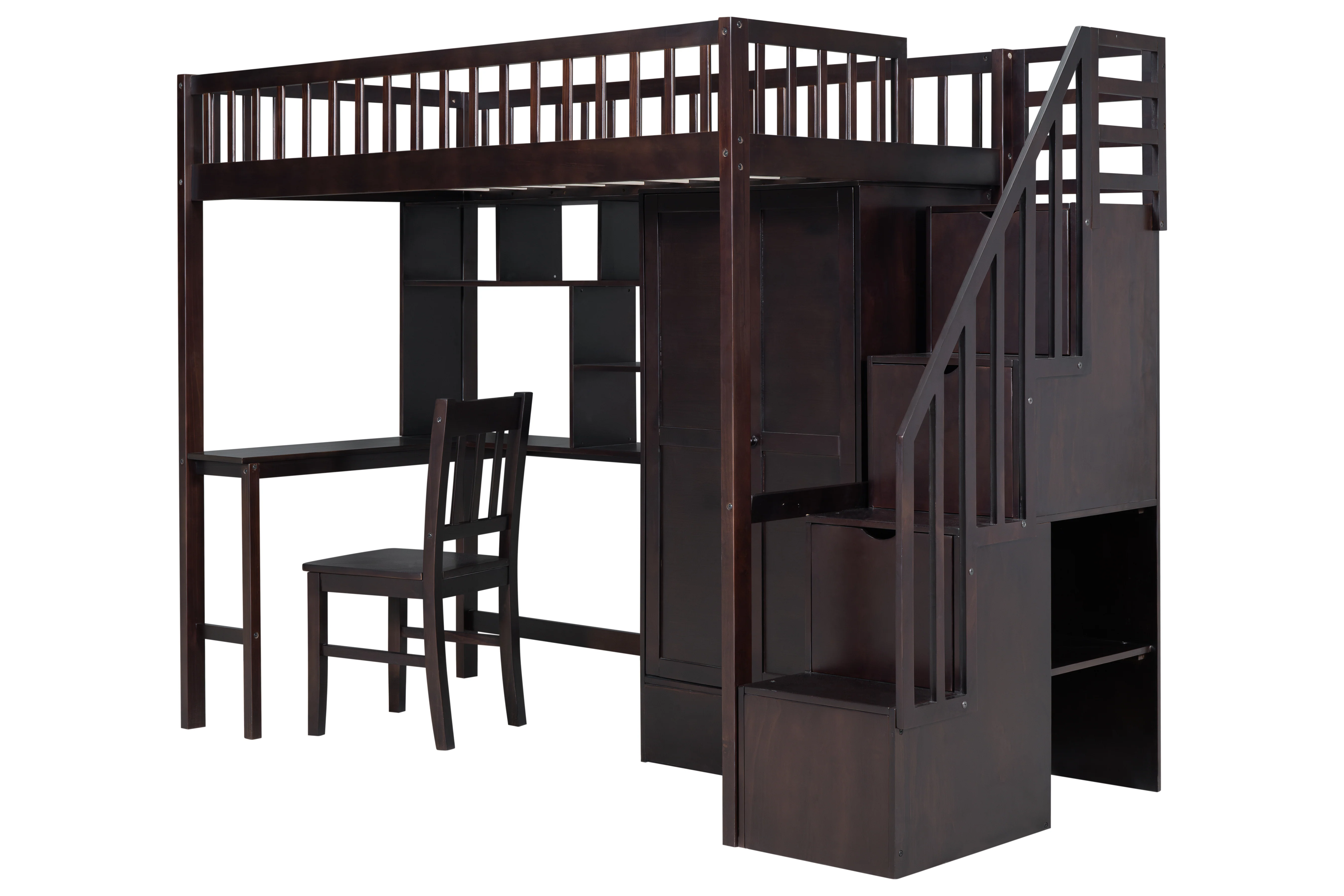 Espresso Twin Loft Bed with Desk, Stair Storage, Wardrobe, and Chair