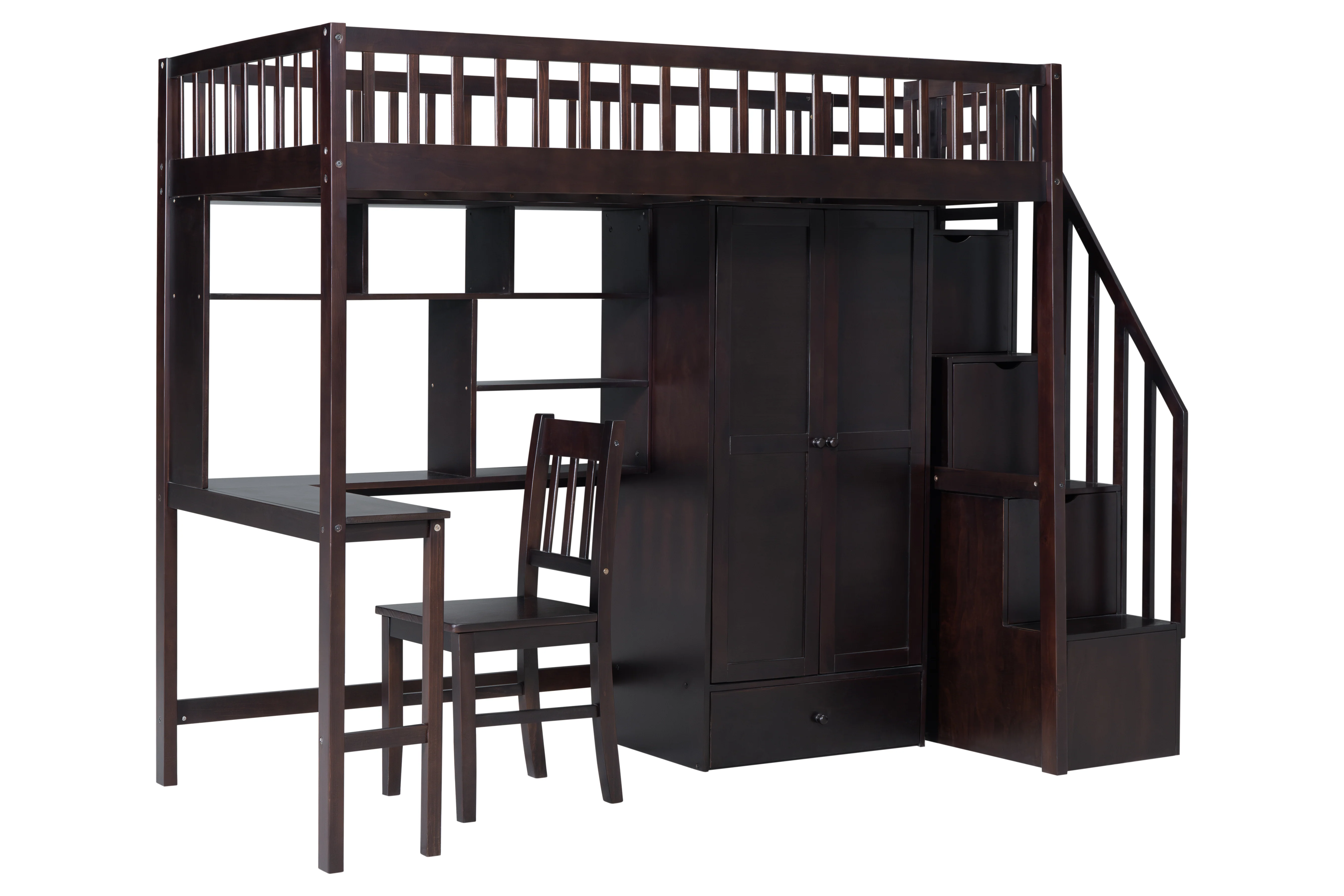 Espresso Twin Loft Bed with Desk, Stair Storage, Wardrobe, and Chair